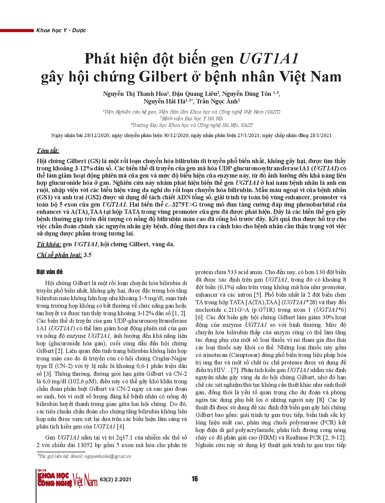 Phát hiện đột biến gen UGT1A1 gây hội chứng Gilbert ở bệnh nhân Việt Nam.