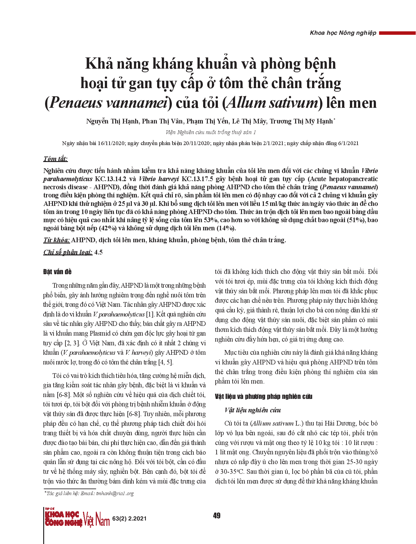 Khả năng kháng khuẩn và phòng bệnh hoại tử gan tụy cấp ở tôm thẻ chân trắng (Penaeus vannamei) của tỏi (Allum sativum) lên men.