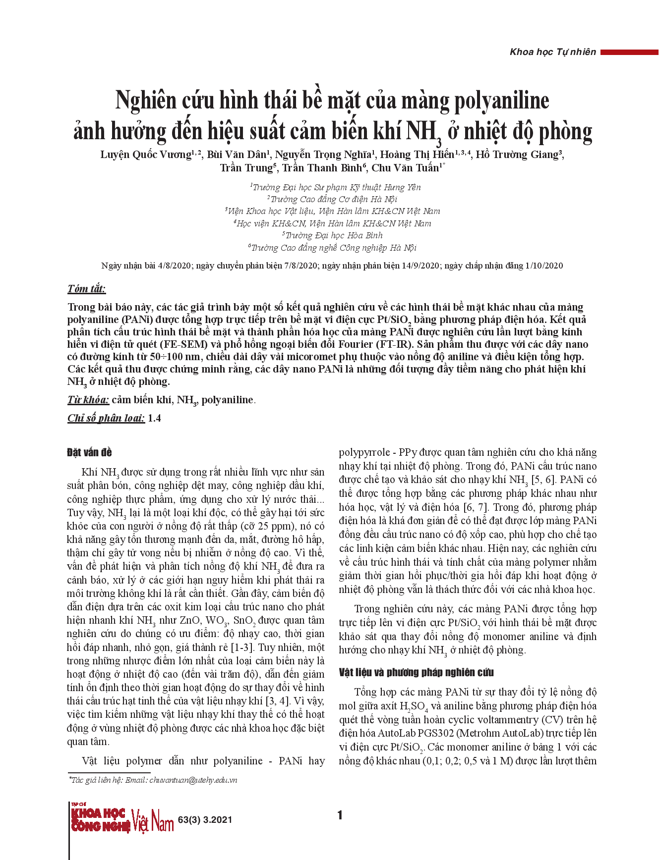 Nghiên cứu hình thái bề mặt của màng polyaniline ảnh hưởng đến hiệu suất cảm biến khí NH3 ở nhiệt độ phòng.