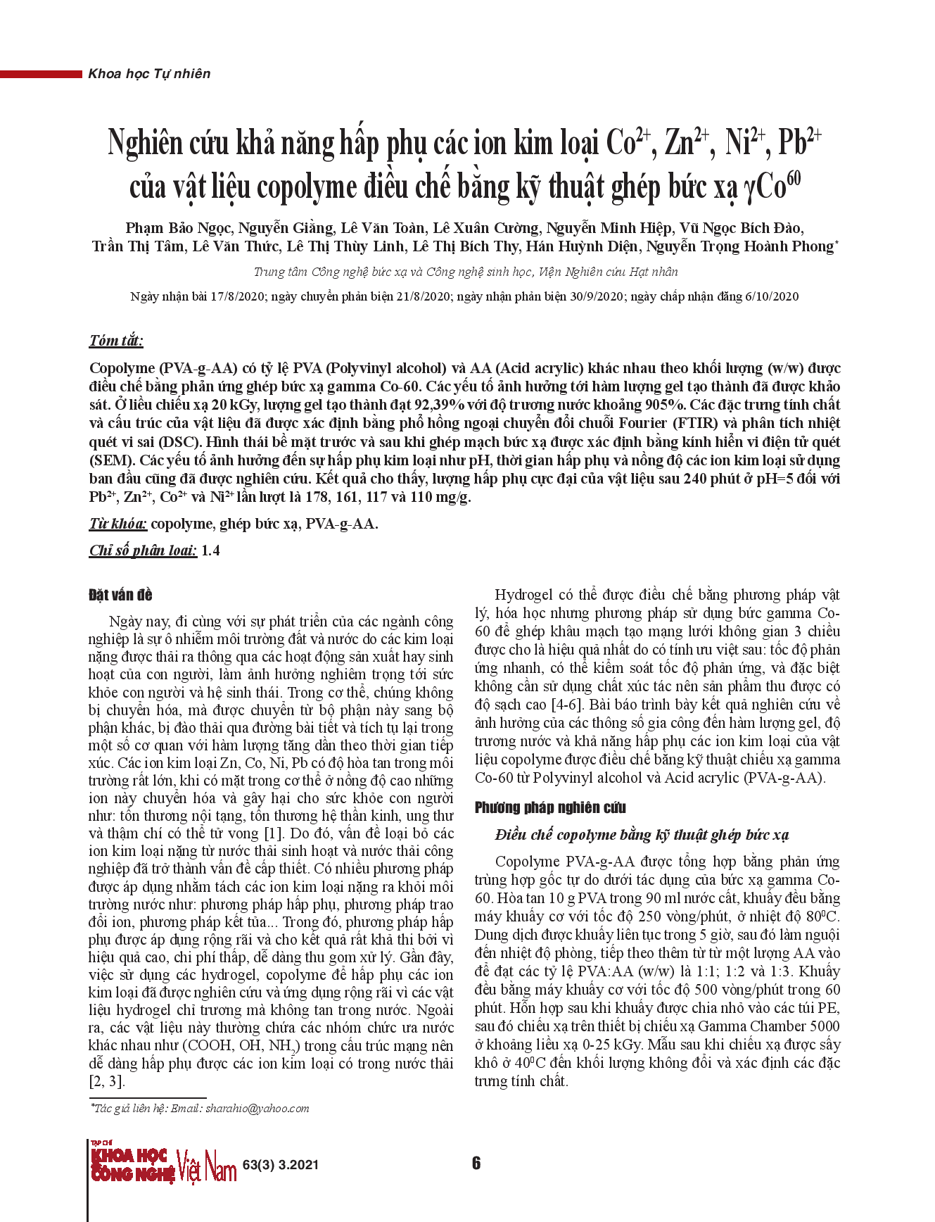 Nghiên cứu khả năng hấp phụ các ion kim loại Co2+, Zn2+, Ni2+, Pb2+ của vật liệu copolyme điều chế bằng kỹ thuật ghép bức xạ γCo60.