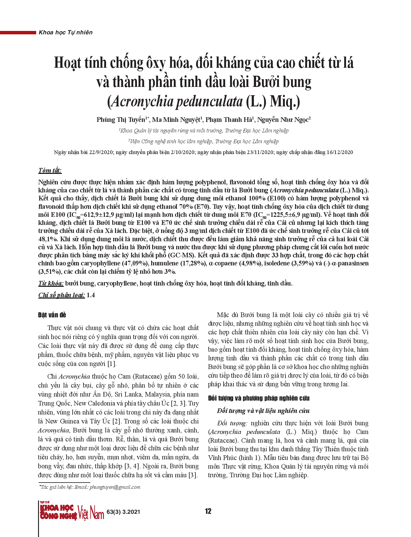 Hoạt tính chống ôxy hóa, đối kháng của cao chiết từ lá và thành phần tinh dầu loài Bưởi bung (Acronychia pedunculata (L.) Miq.).