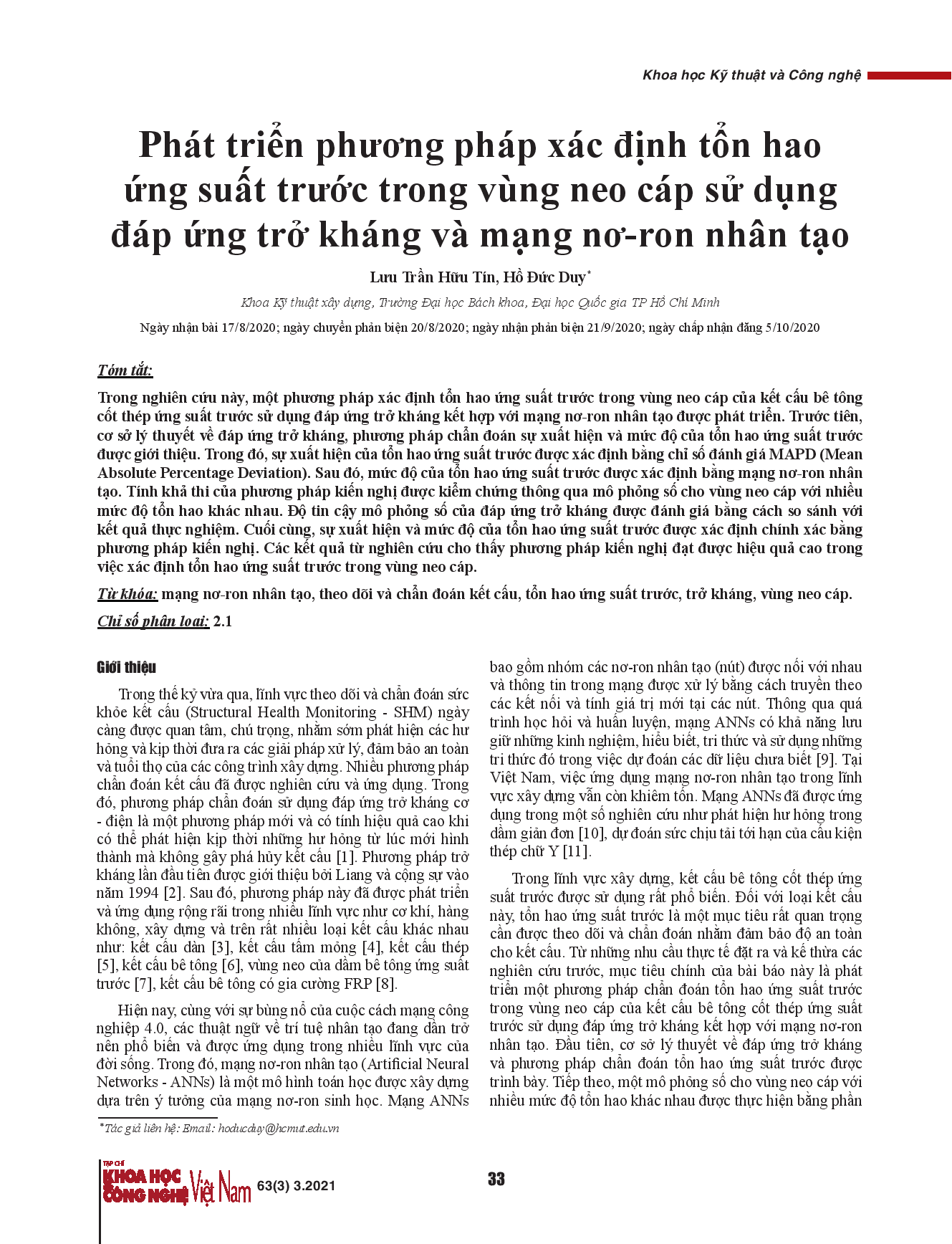 Phát triển phương pháp xác định tổn hao ứng suất trước trong vùng neo cáp sử dụng đáp ứng trở kháng và mạng nơ-ron nhân tạo.