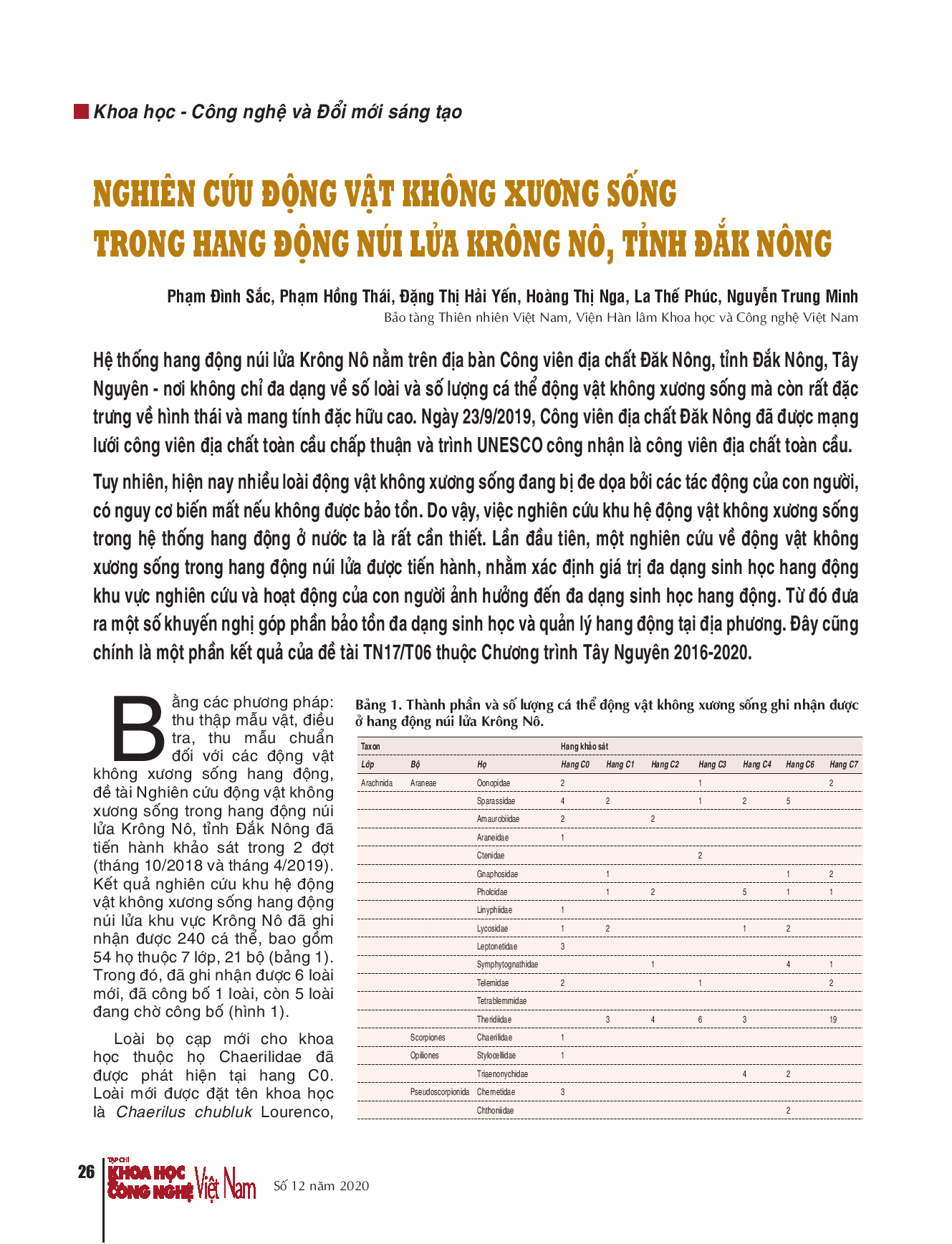 Nghiên cứu động vật không xương sống trong hang động núi lửa Krông Nô, tỉnh Đắk Nông