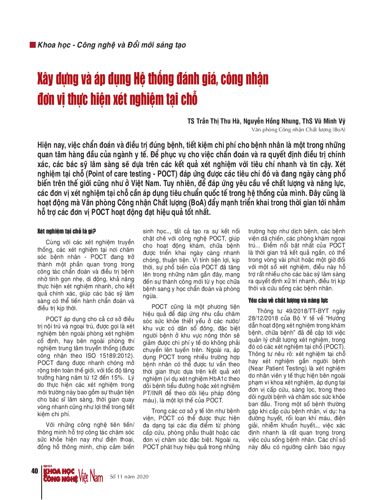 Xây dựng và áp dụng Hệ thống đánh giá, công nhận đơn vị thực hiện xét nghiệm tại chỗ