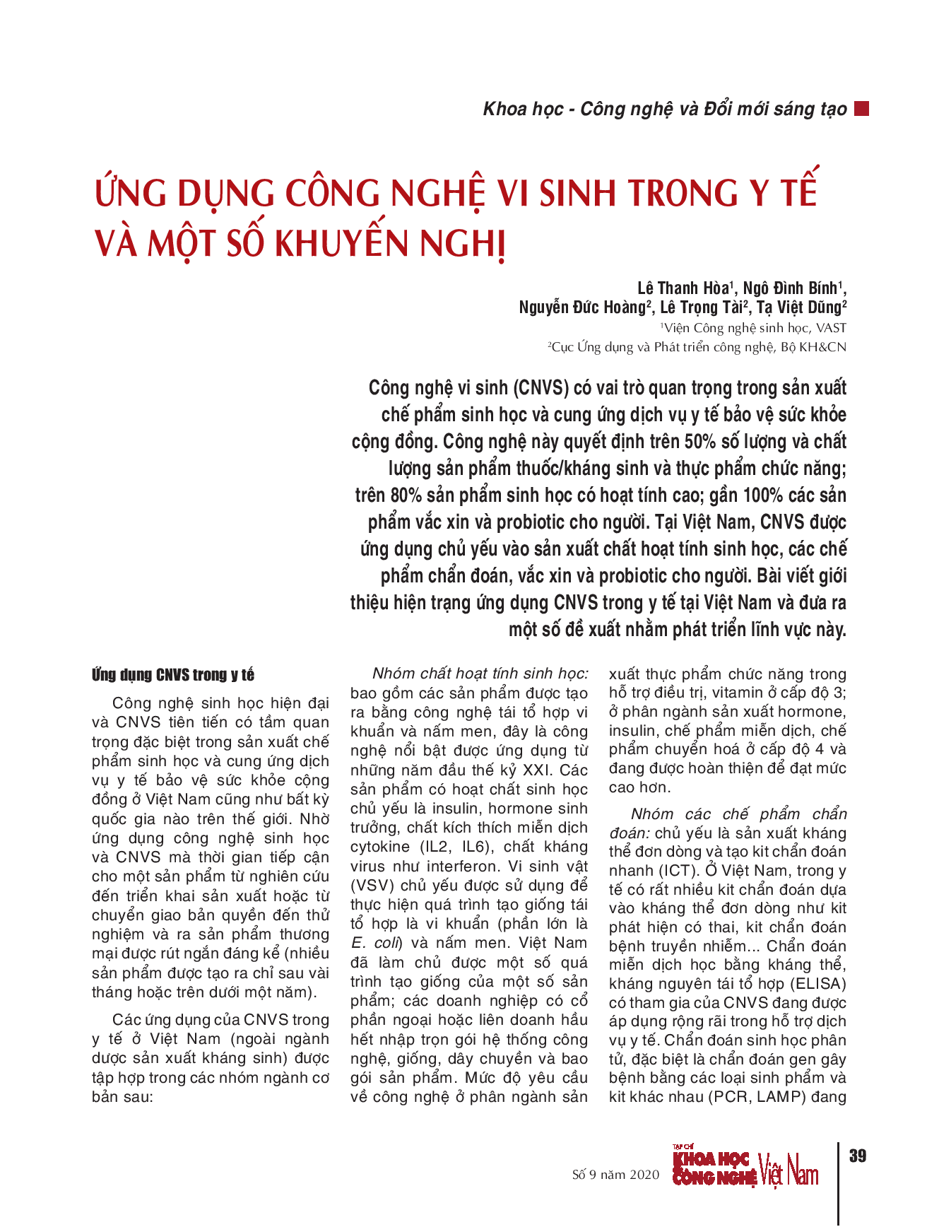 Ứng dụng công nghệ vi sinh trong y tế và một số khuyến nghị