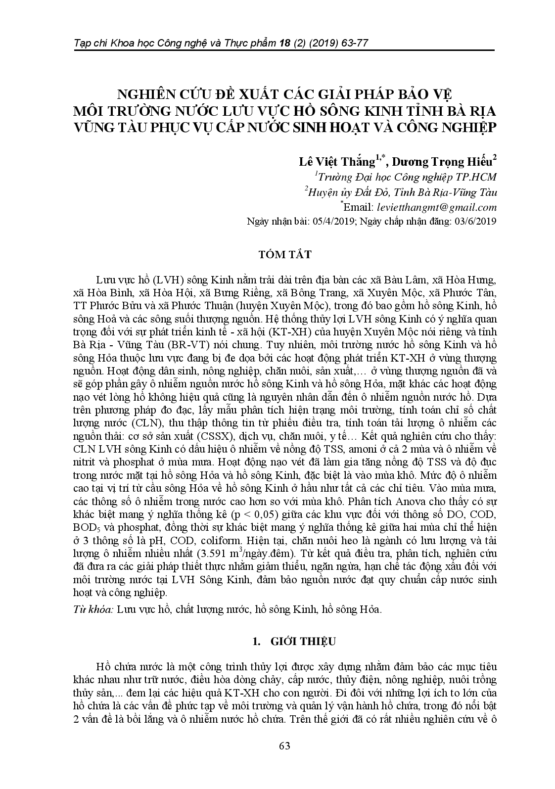 Nghiên Cứu Đề Xuất Các Giải Pháp Bảo Vệ Môi Trường Nước Lưu Vực Hồ Sông Kinh Tỉnh Bà Rịa Vũng Tàu Phục Vụ Cấp Nước Sinh Hoạt Và Công Nghiệp.