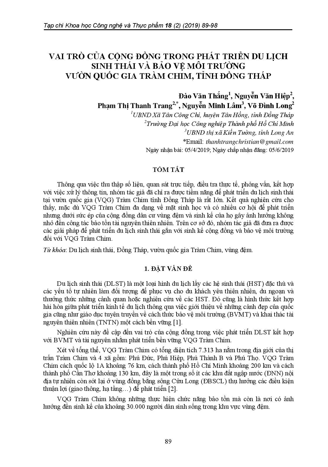 Vai Trò Của Cộng Đồng Trong Phát Triển Du Lịch Sinh Thái Và Bảo Vệ Môi Trường Vườn Quốc Gia Tràm Chim, Tỉnh Đồng Tháp.