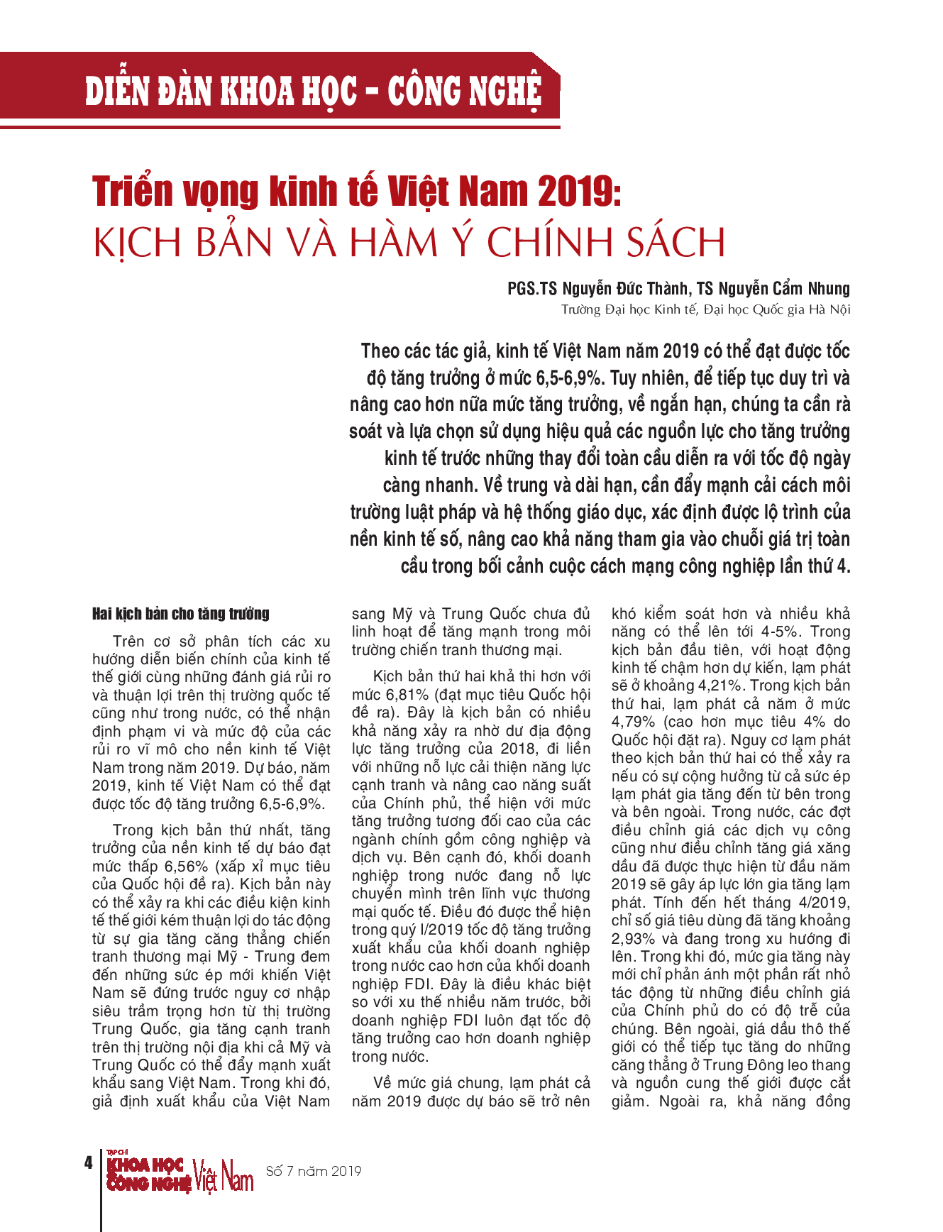 Triển vọng kinh tế Việt Nam 2019: Kịch bản và hàm ý chính sách