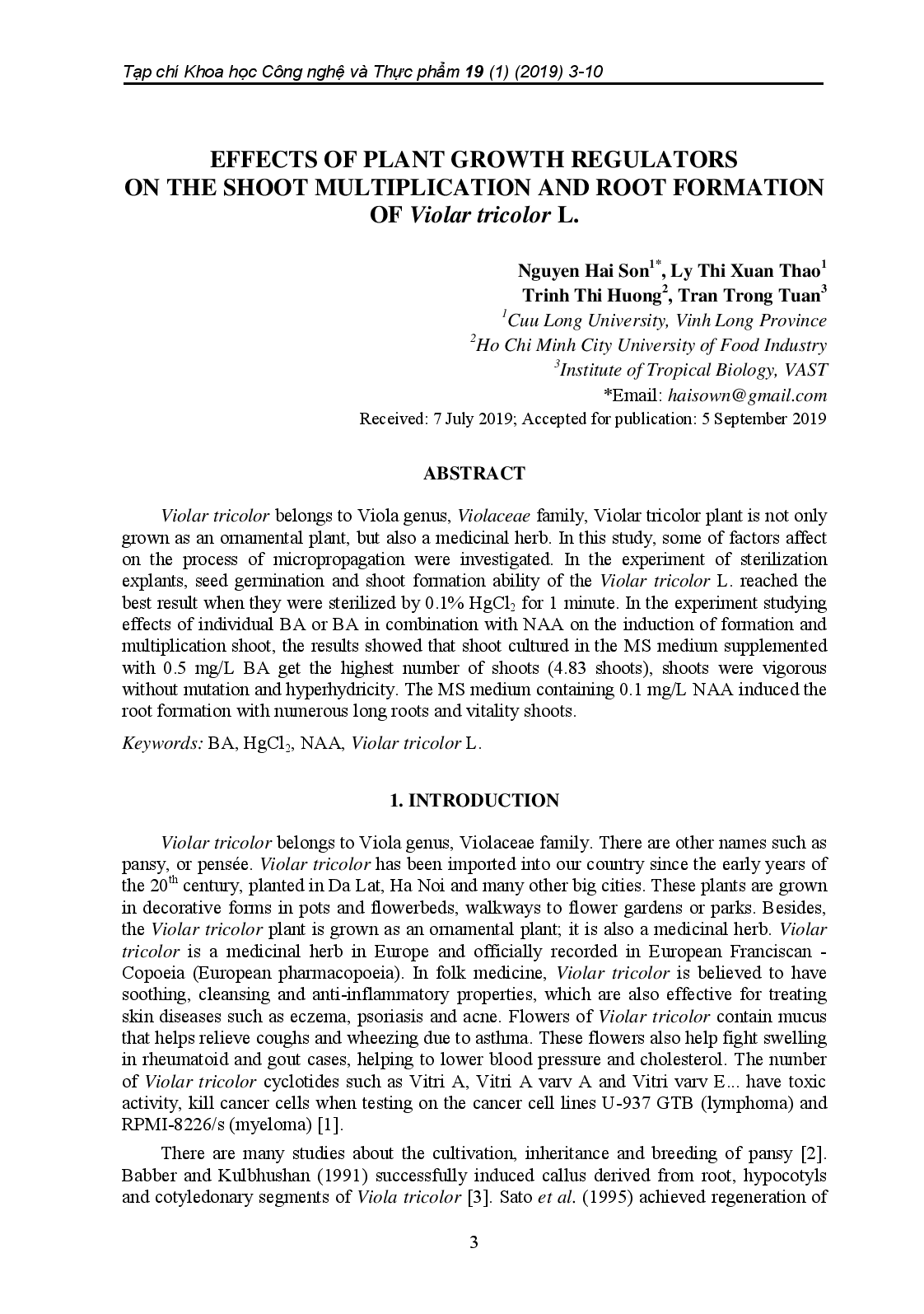 Effects Of Plant Growth Regulators On The Shoot Multiplication And Root Formation Of Violar Tricolor L.