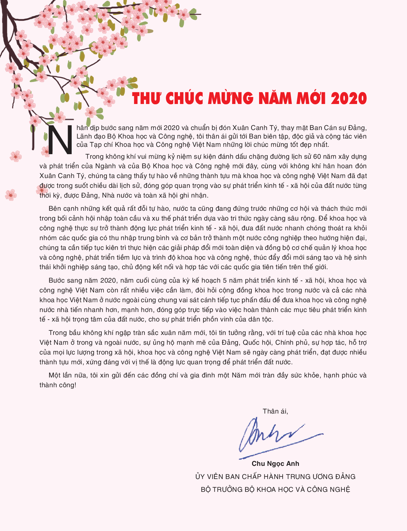 Thư chúc mừng năm mới 2020