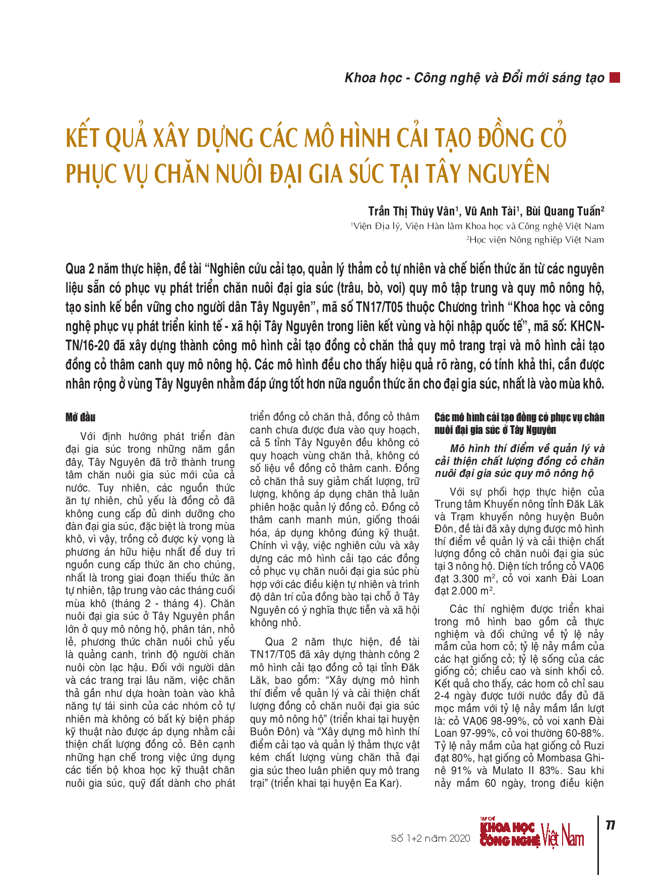 Kết quả xây dựng các mô hình cải tạo đồng cỏ phục vụ chăn nuôi đại gia súc tại Tây Nguyên