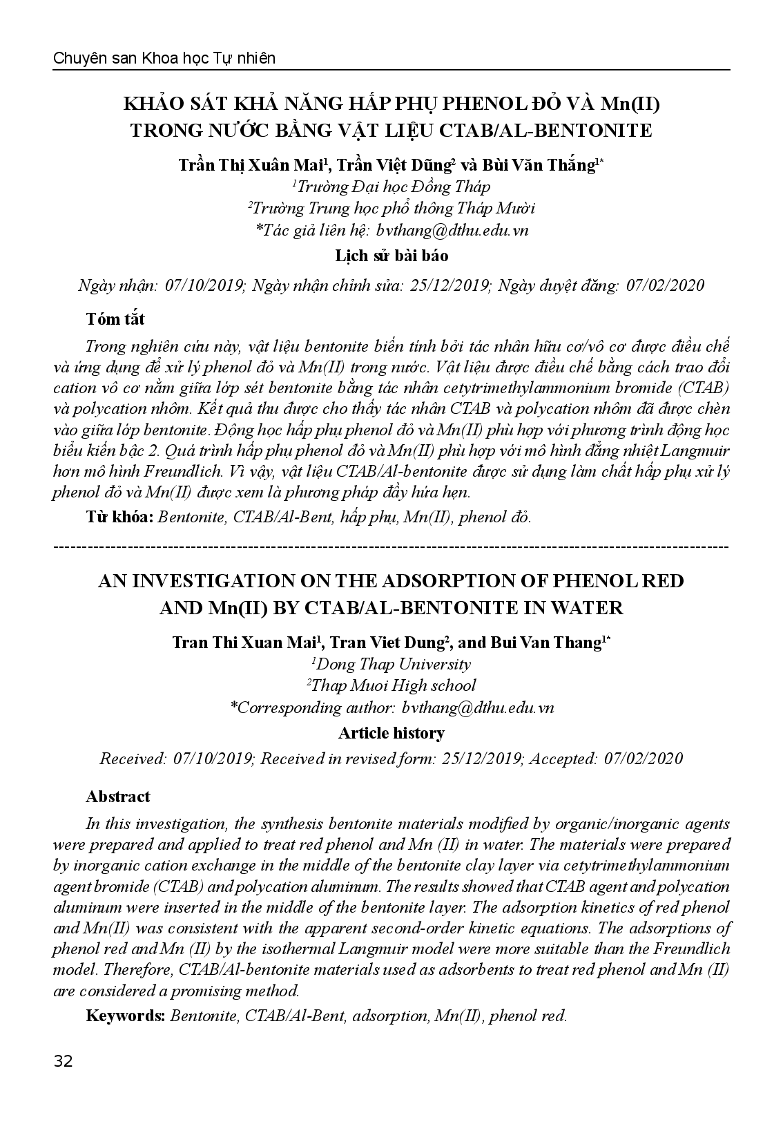 Khảo Sát Khả Năng Hấp Phụ Phenol Đỏ Và Mn(Ii) Trong Nước Bằng Vật Liệu Ctab/Al-Bentonite