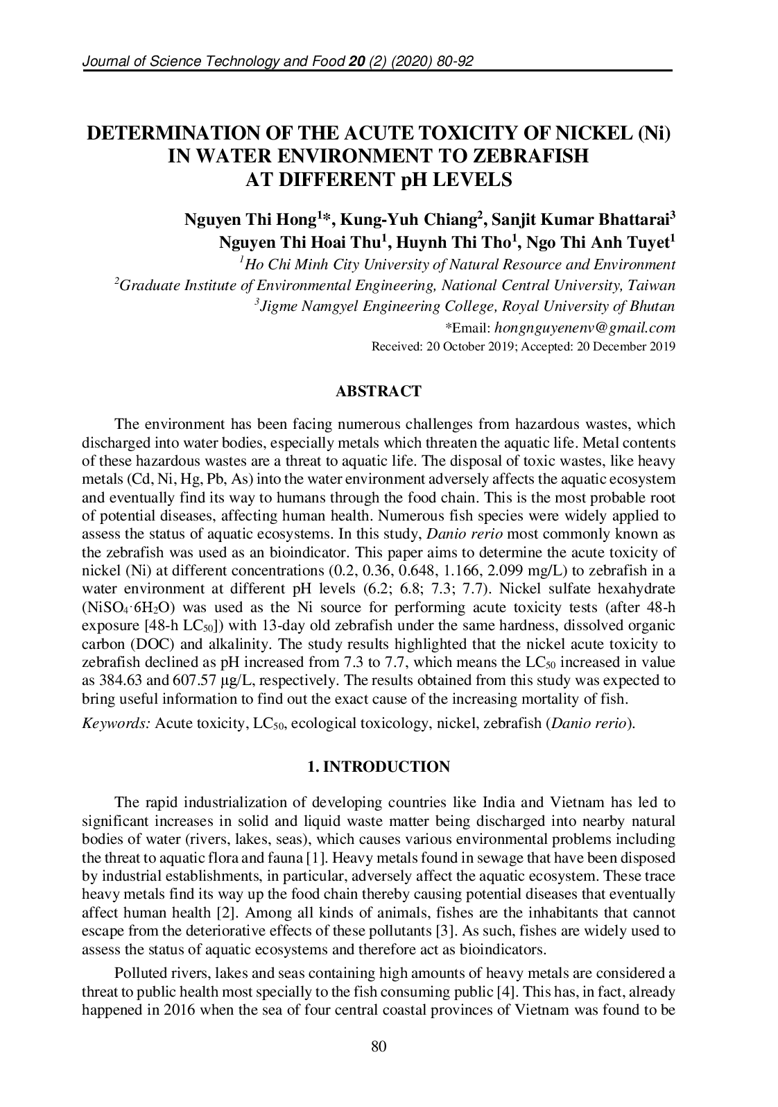 Determination Of The Acute Toxicity Of Nickel (Ni) In Water Environment To Zebra Fish At Different Ph Levels