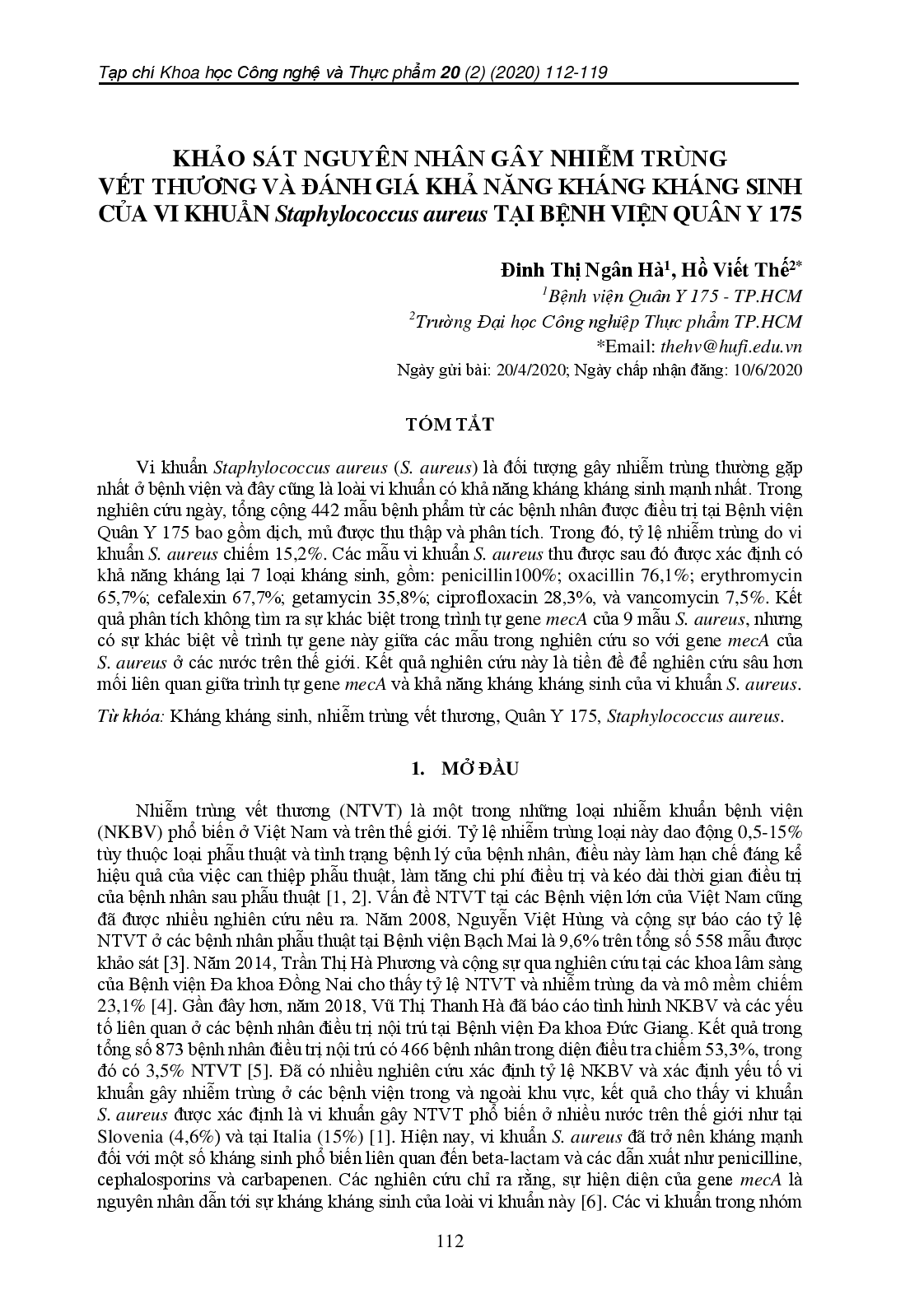 Khảo Sát Nguyên Nhân Gây Nhiễm Trùng Vết Thương Và Đánh Giá Khả Năng Kháng Kháng Sinh Của Vi Khuẩn Staphylococcus Aureus Tại Bệnh Viện Quân Y 175