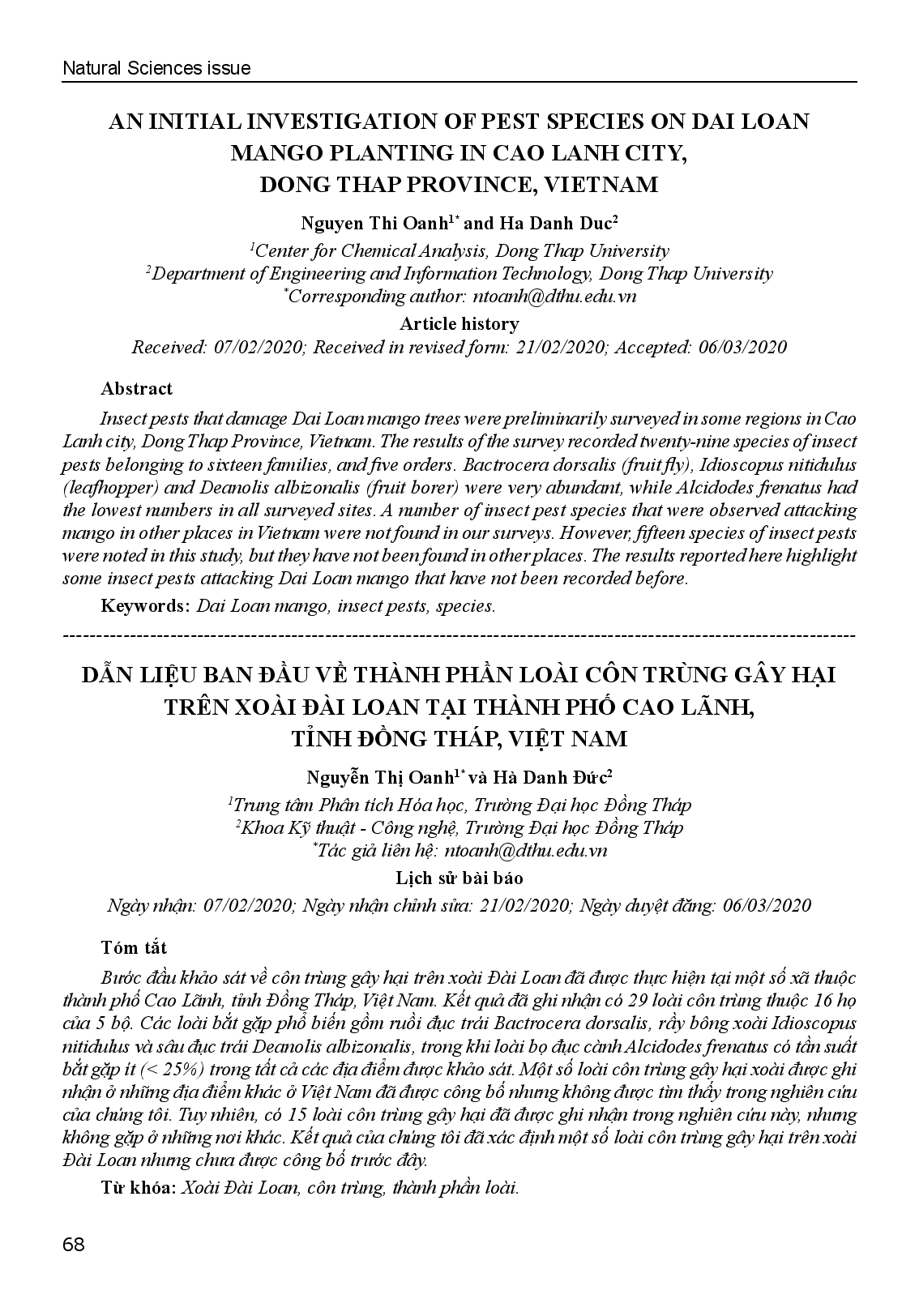 An Initial Investigation Of Pest Species On Dai Loan Mango Planting In Cao Lanh City, Dong Thap Province, Vietnam