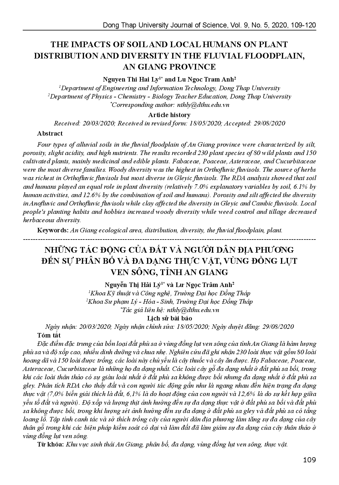 The Impacts Of Soil And Local Humans On Plant Distribution And Diversity In The Fluvial Floodplain, An Giang Province