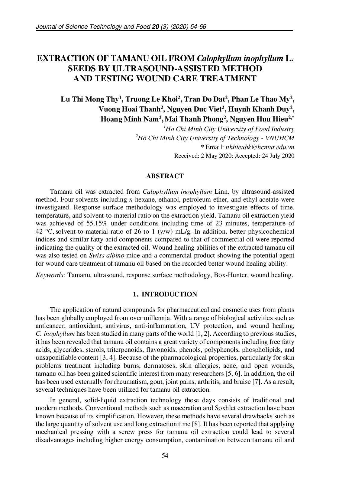 Extraction Of Tamanu Oil From Calophyllum Inophyllum L. Seeds By Ultrasound-Assisted Method And Testing Wound Care Treatment