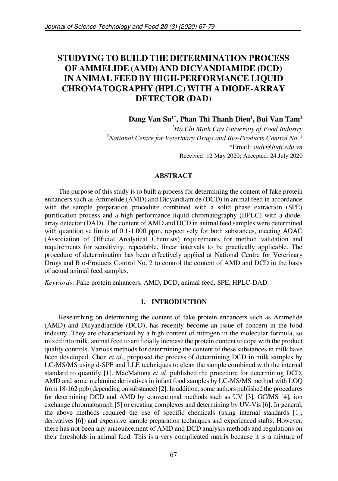 Studying To Build The Determination Process Of Ammelide (Amd) And Dicyandiamide (Dcd) In Animal Feed By High-Performance Liquid Chromatography (Hplc) With A Diode-Array Detector (Dad)