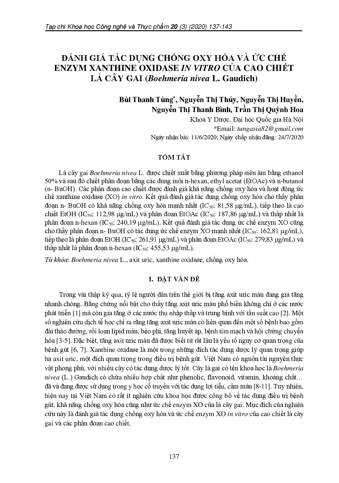 Đánh Giá Tác Dụng Chống Oxy Hóa Và Ức Chế Enzym Xanthine Oxidase In Vitro Của Cao Chiết Lá Cây Gai (Boehmeria Nivea L. Gaudich)