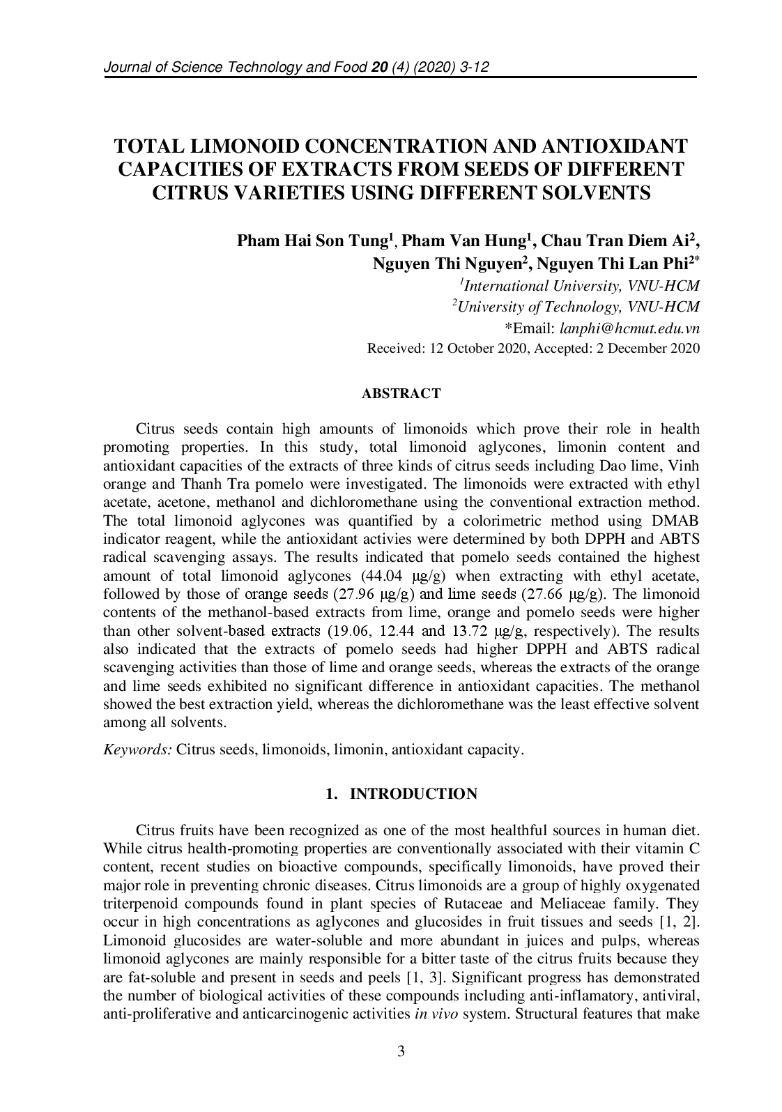 Total Limonoid Concentration And Antioxidant Capacities Of Extracts From Seeds Of Different Citrus Varieties Using Different Solvents