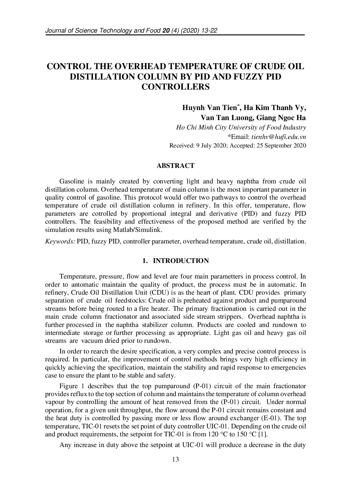 Control The Overhead Temperature Of Crude Oil Distillation Column By Pid And Fuzzy Pid Controllers