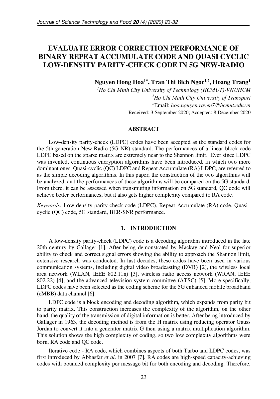 Evaluate Error Correction Performance Of Binary Repeat Accumulate Code And Quasi Cyclic Low-Density Parity-Check Code In 5G New-Radio