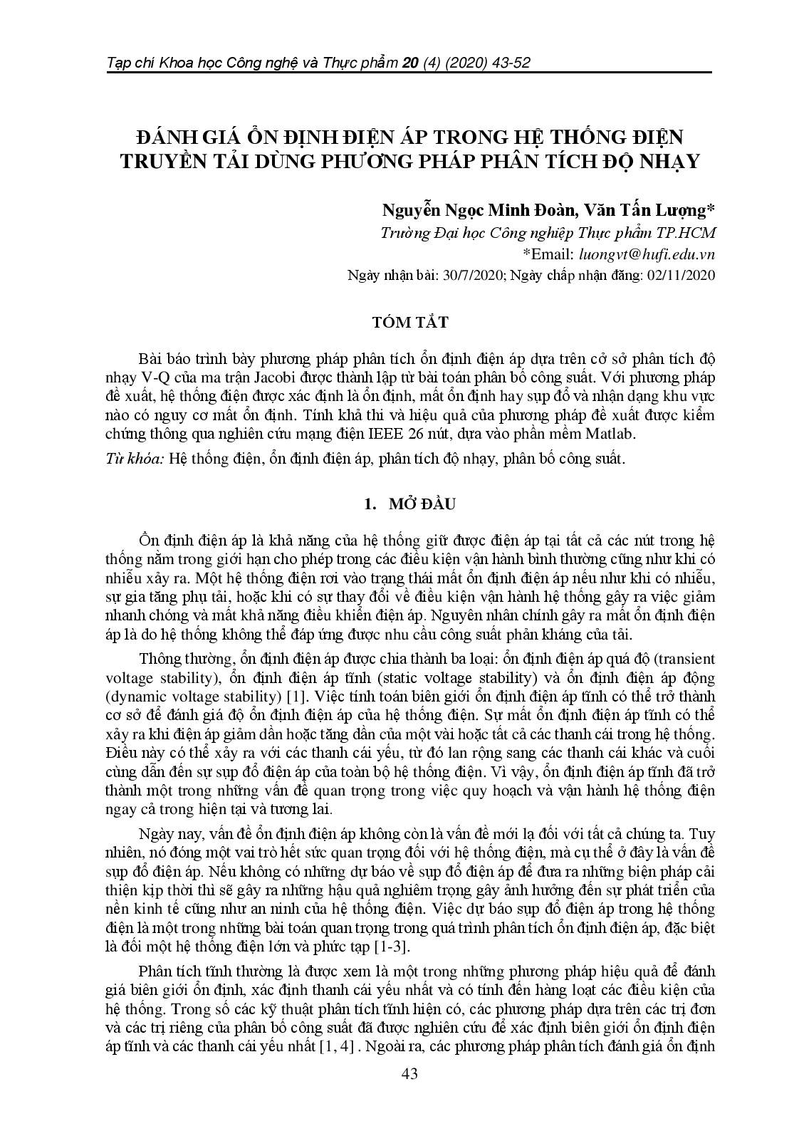 Đánh Giá Ổn Định Điện Áp Trong Hệ Thống Điện Truyền Tải Dùng Phương Pháp Phân Tích Độ Nhạy