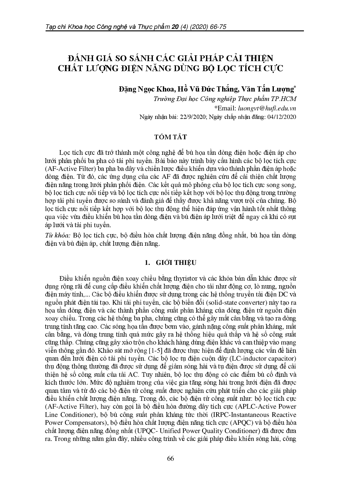 Đánh Giá So Sánh Các Giải Pháp Cải Thiện Chất Lượng Điện Năng Dùng Bộ Lọc Tích Cực