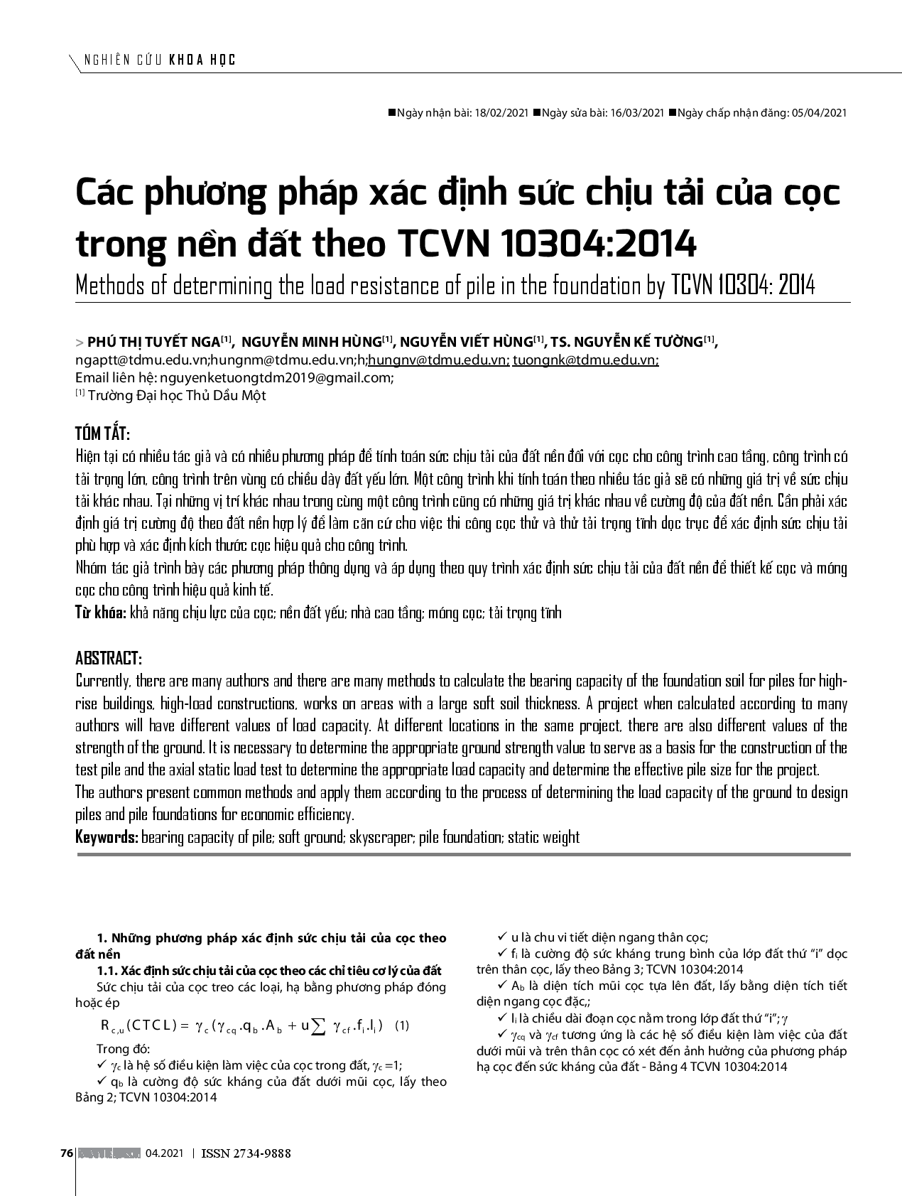 Các Phương Pháp Xác Định Sức Chịu Tải Của Cọc Trong Nền Đất Theo Tcvn 10304:2014