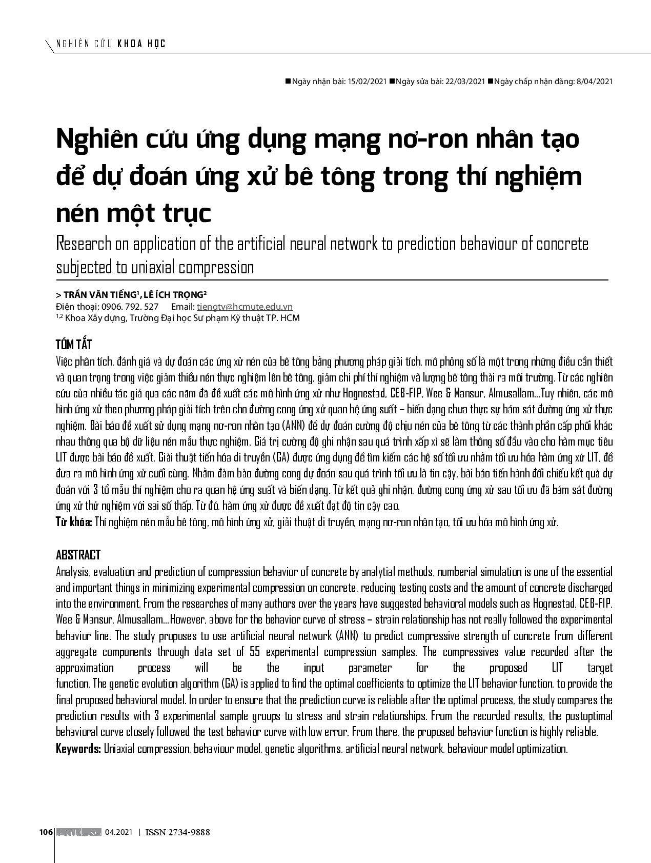 Nghiên Cứu Ứng Dụng Mạng Nơ-Ron Nhân Tạo Để Dự Đoán Ứng Xử Bê Tông Trong Thí Nghiệm Nén Một Trục