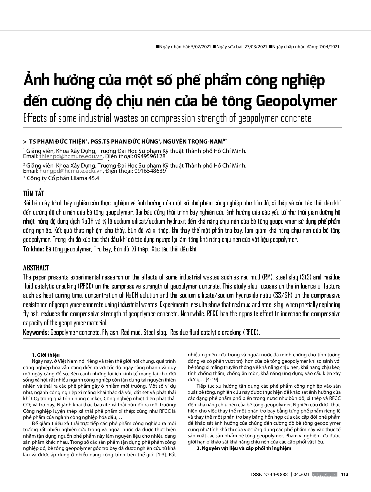 Ảnh Hưởng Của Một Số Phế Phẩm Công Nghiệp Đến Cường Độ Chịu Nén Của Bê Tông Geopolymer