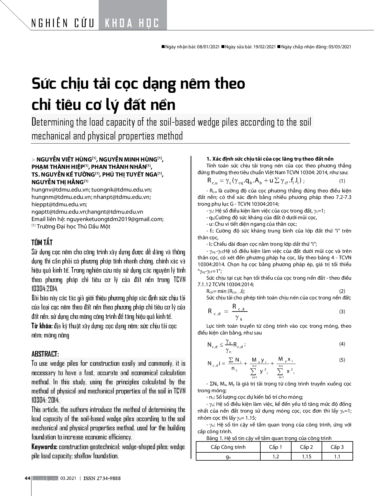 Sức Chịu Tải Cọc Dạng Nêm Theo Chỉ Tiêu Cơ Lý Đất Nền