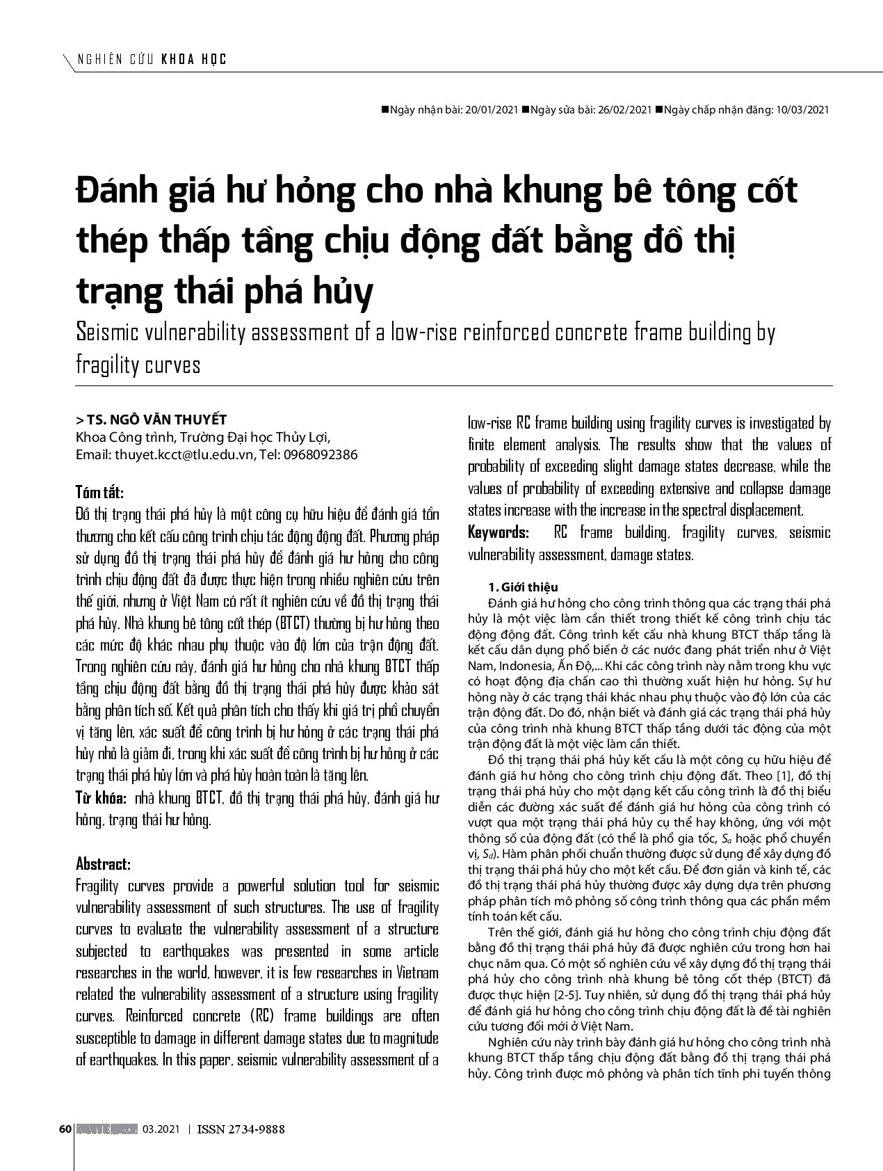 Đánh Giá Hư Hỏng Cho Nhà Khung Bê Tông Cốt Thép Thấp Tầng Chịu Động Đất Bằng Đồ Thị Trạng Thái Phá Hủy