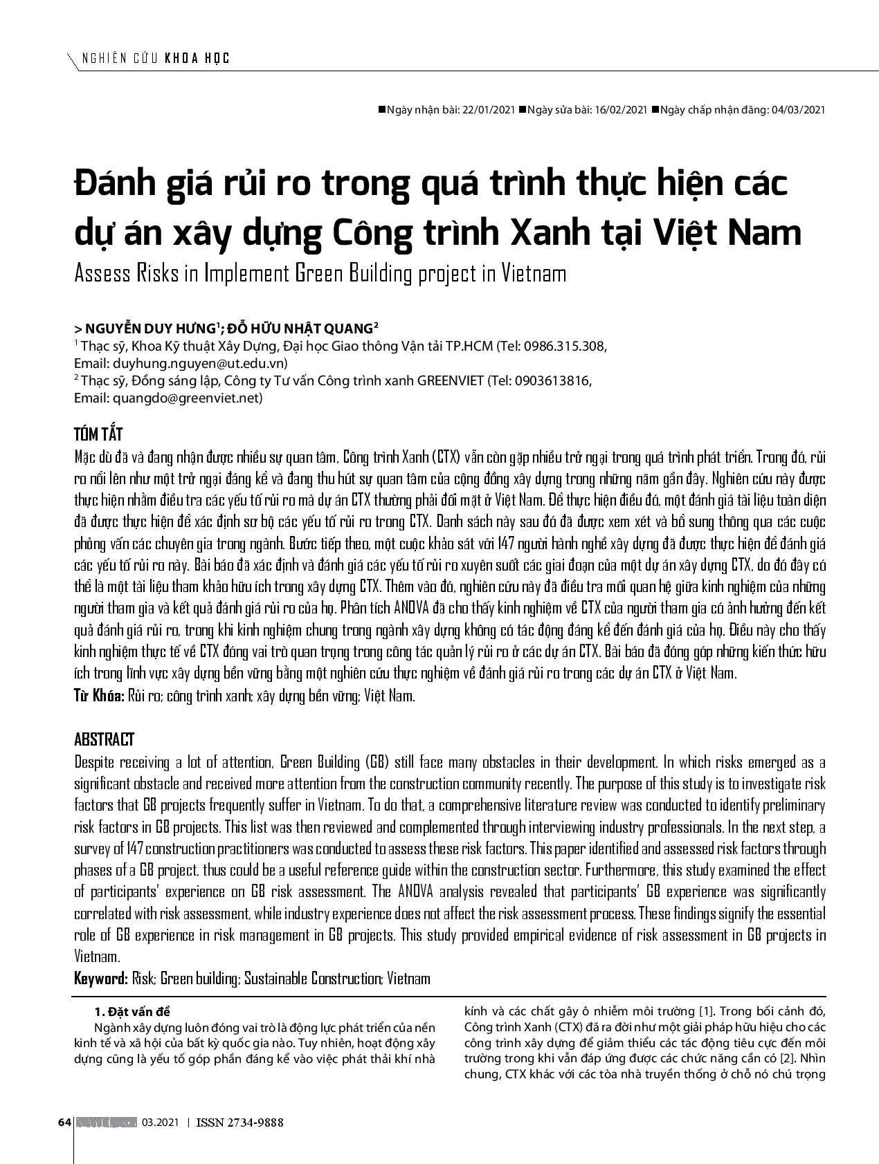 Đánh Giá Rủi Ro Trong Quá Trình Thực Hiện Các Dự Án Xây Dựng Công Trình Xanh Tại Việt Nam