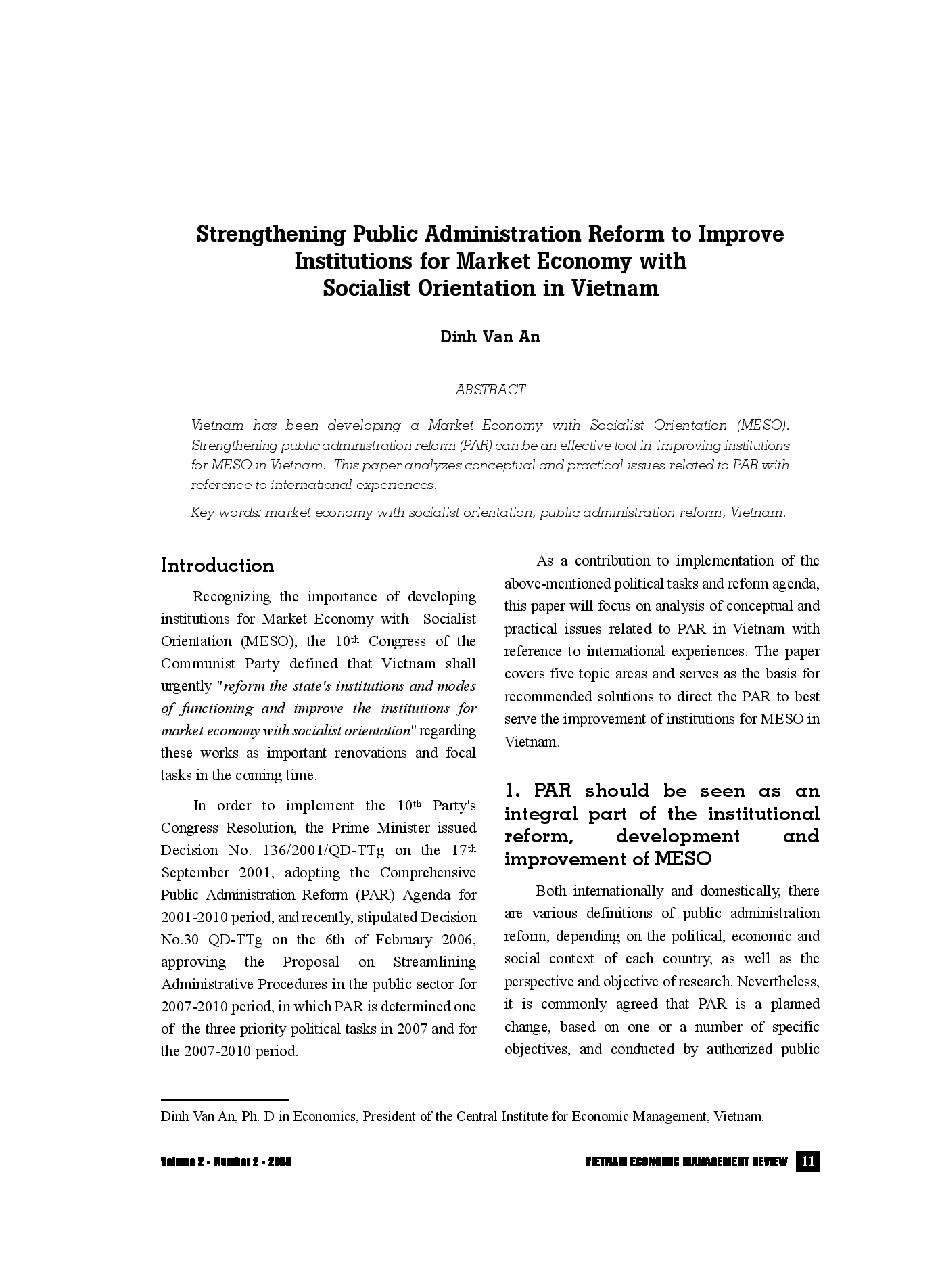 Strengthening Public Administration Reform to Improve Institutions for Market Economy with Socialist Orientation in Vietnam