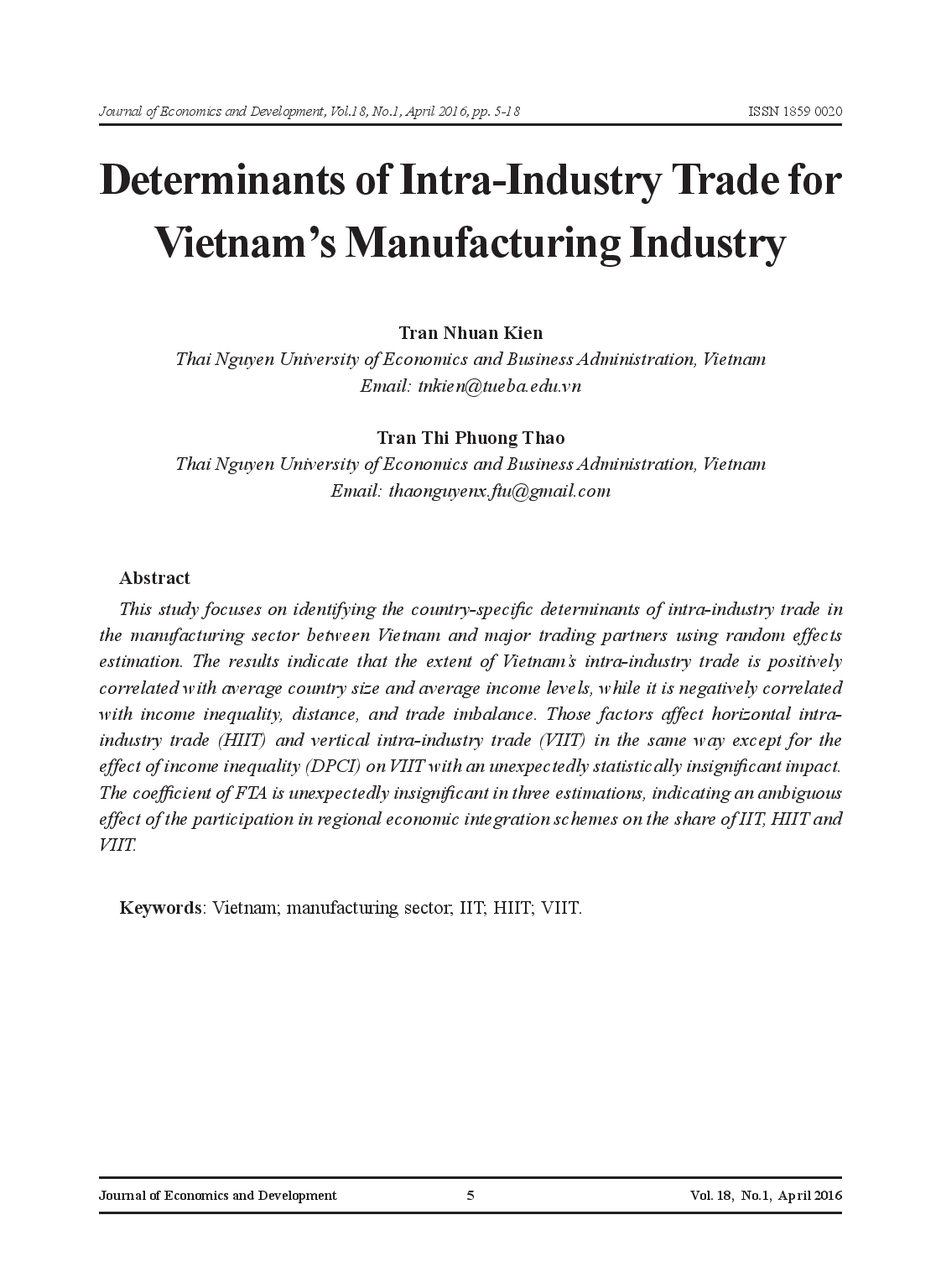 Determinants of Intra-Industry Trade for Vietnam’s Manufacturing Industry