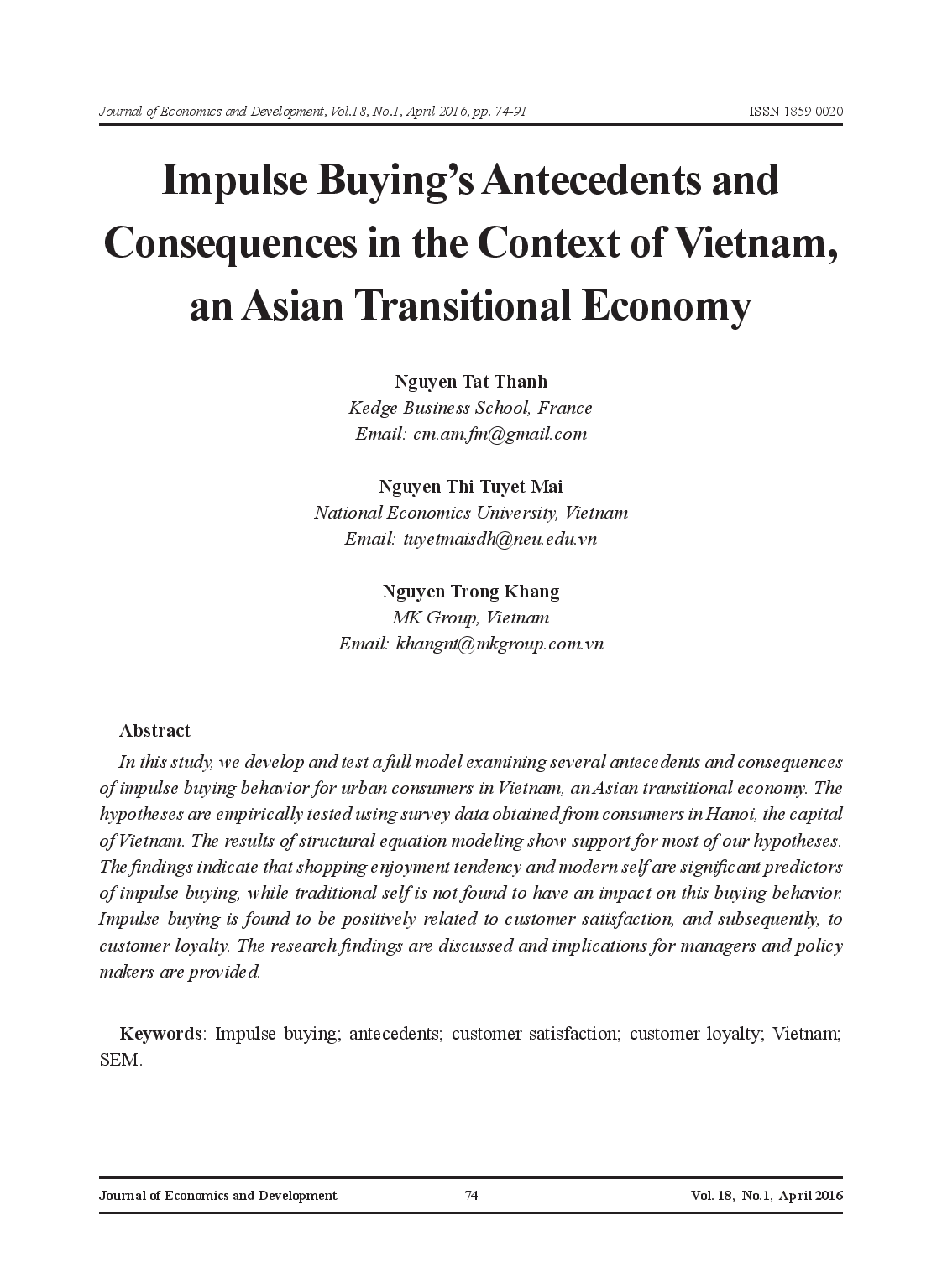 Impulse Buying’s Antecedents and Consequences in the Context of Vietnam, an Asian Transitional Economy