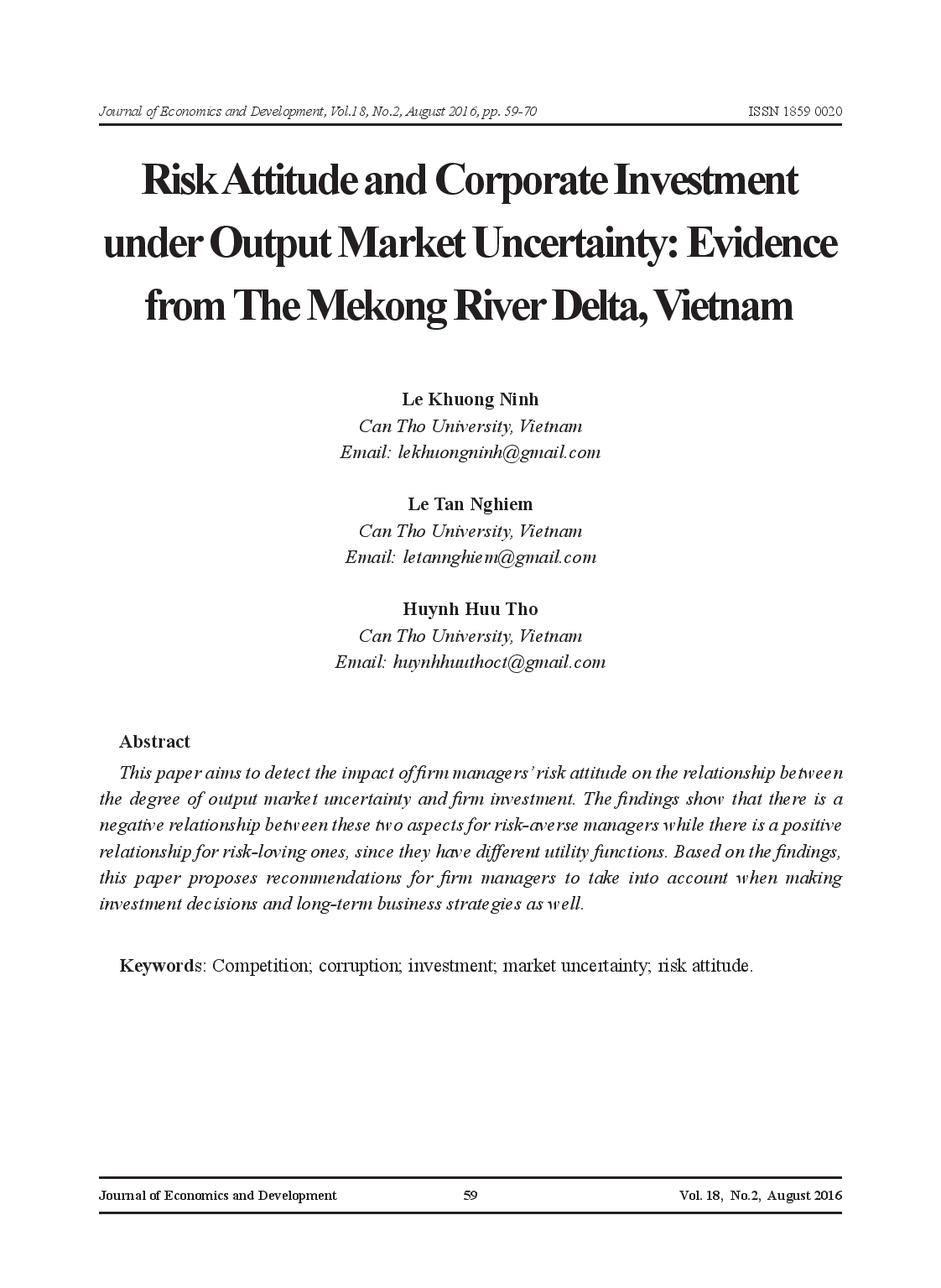 Risk Attitude and Corporate Investment under Output Market Uncertainty: Evidence from The Mekong River Delta, Vietnam