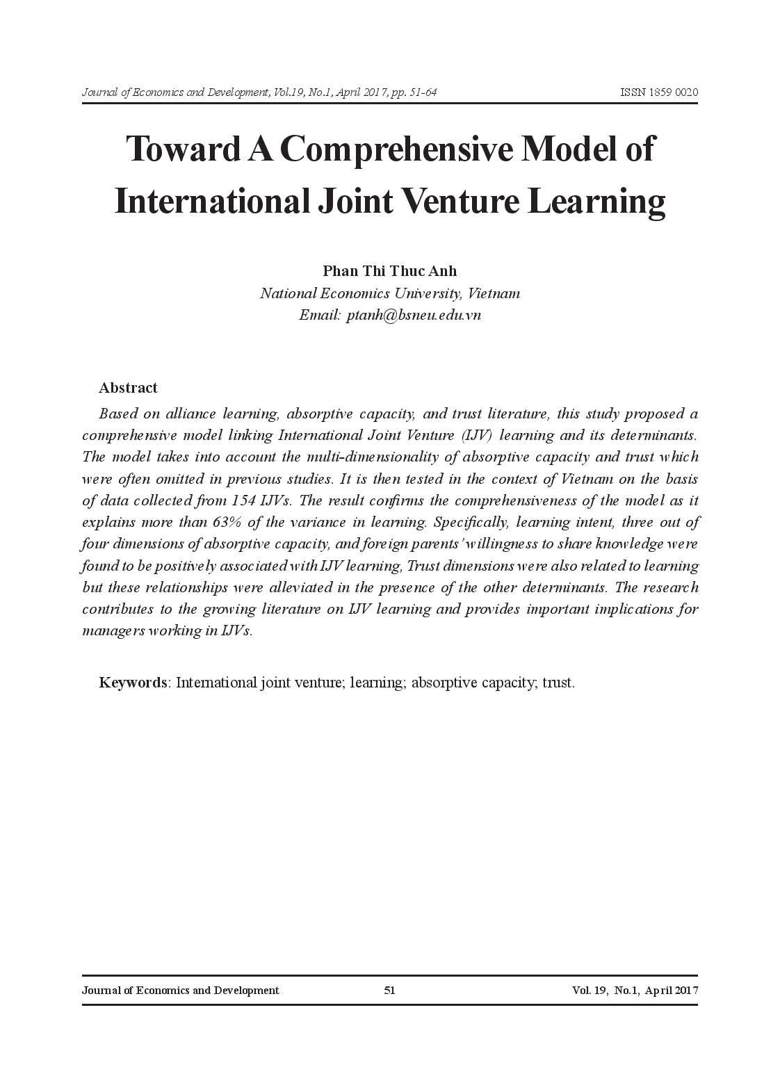 Toward A Comprehensive Model of International Joint Venture Learning