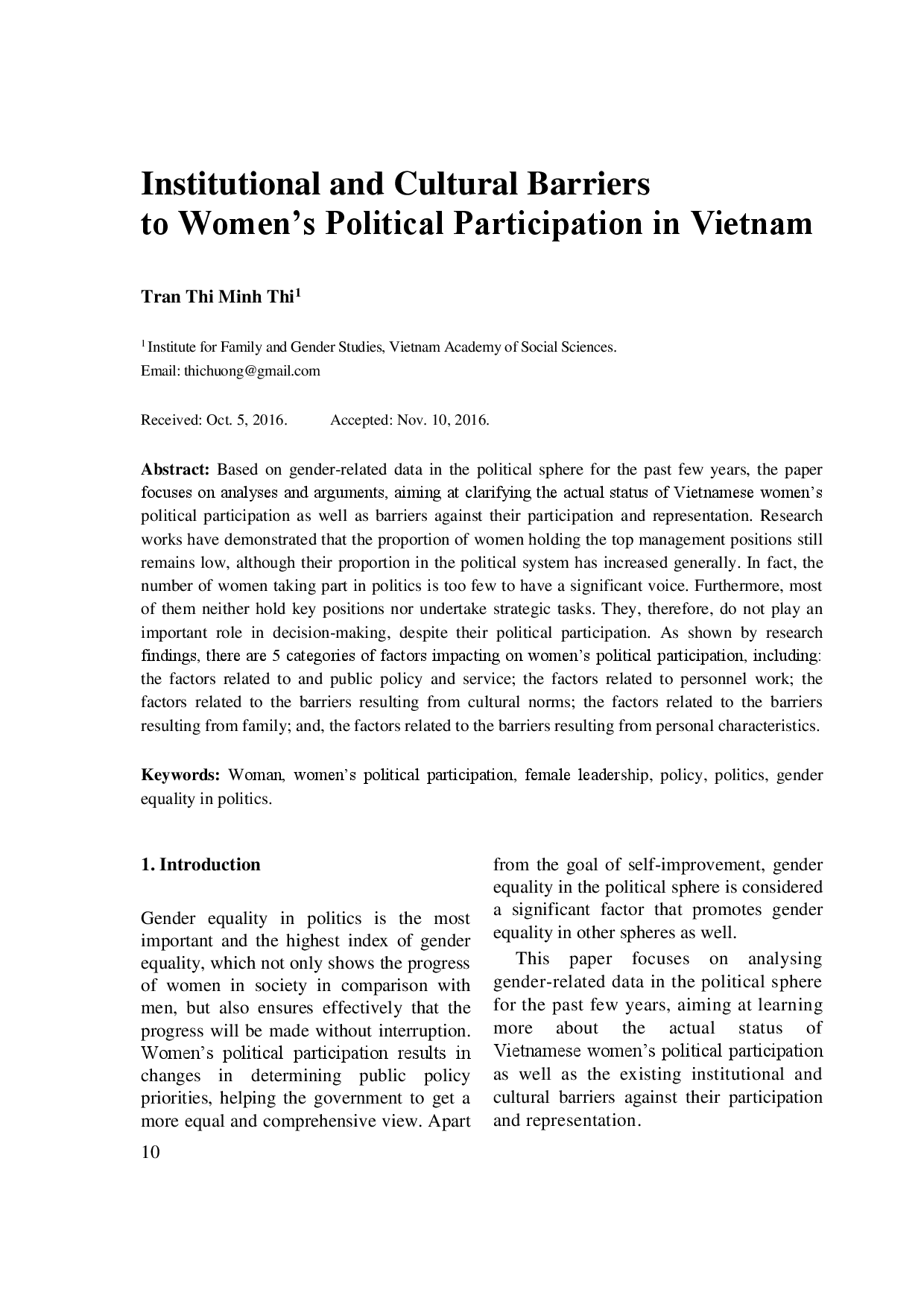 Institutional and Cultural Barriers to Women’s Political Participation in Vietnam