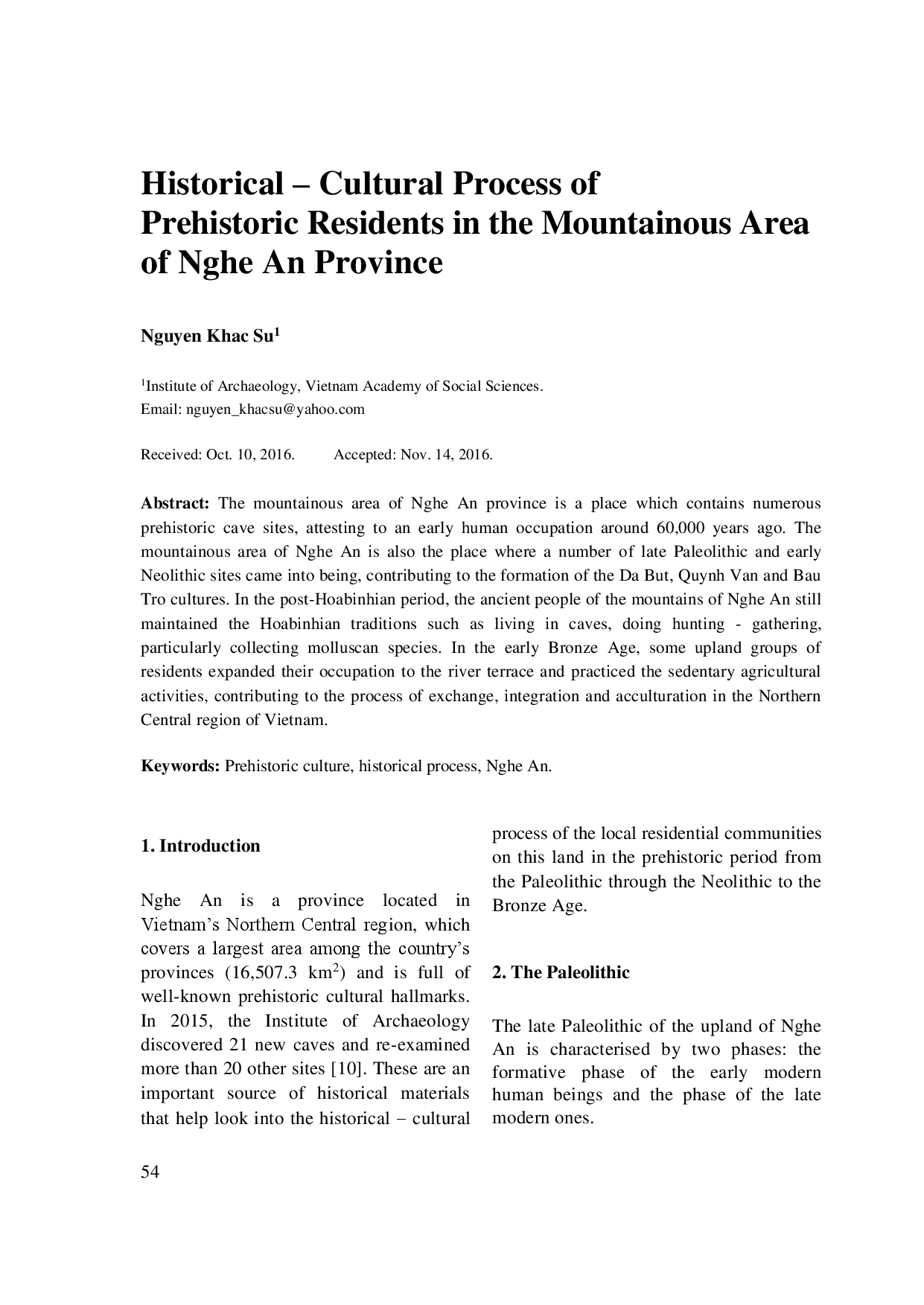 Historical – Cultural Process of Prehistoric Residents in the Mountainous Area of Nghe An Province