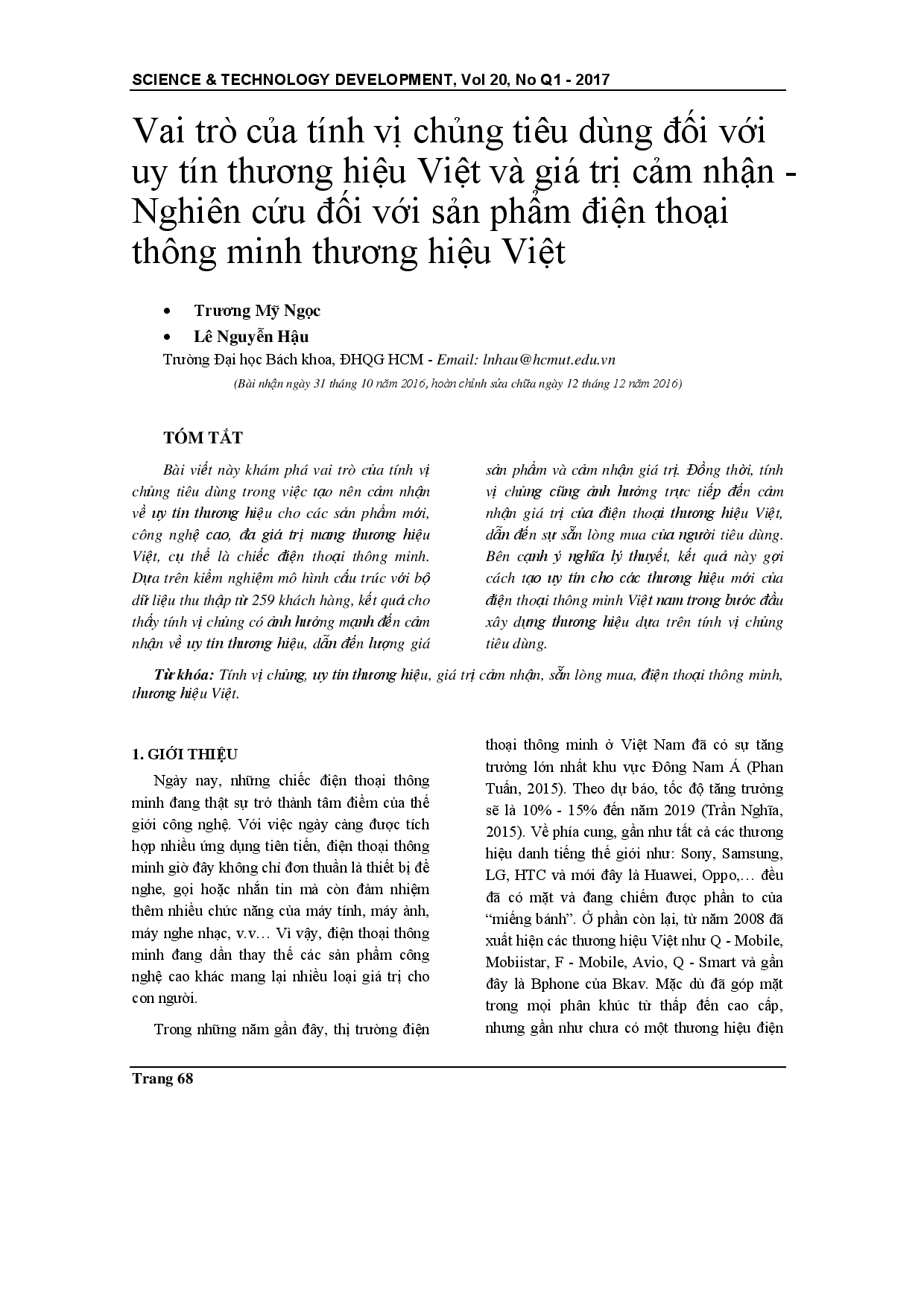 Ảnh hưởng của chủ nghĩa dân tộc tiêu dùng đến uy tín thương hiệu Việt và giá trị cảm nhận - Một nghiên cứu về điện thoại thông minh mang thương hiệu Việt Nam