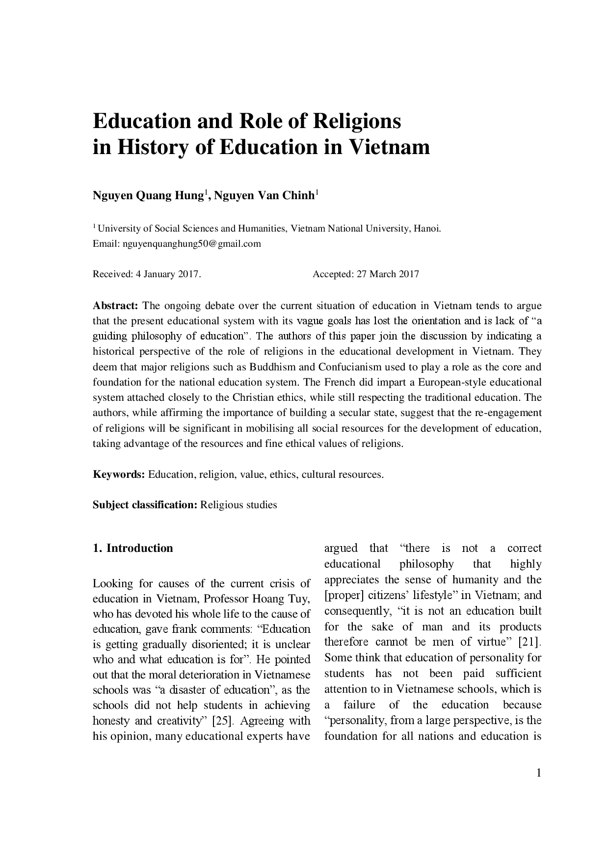 Education and Role of Religions in History of Education in Vietnam