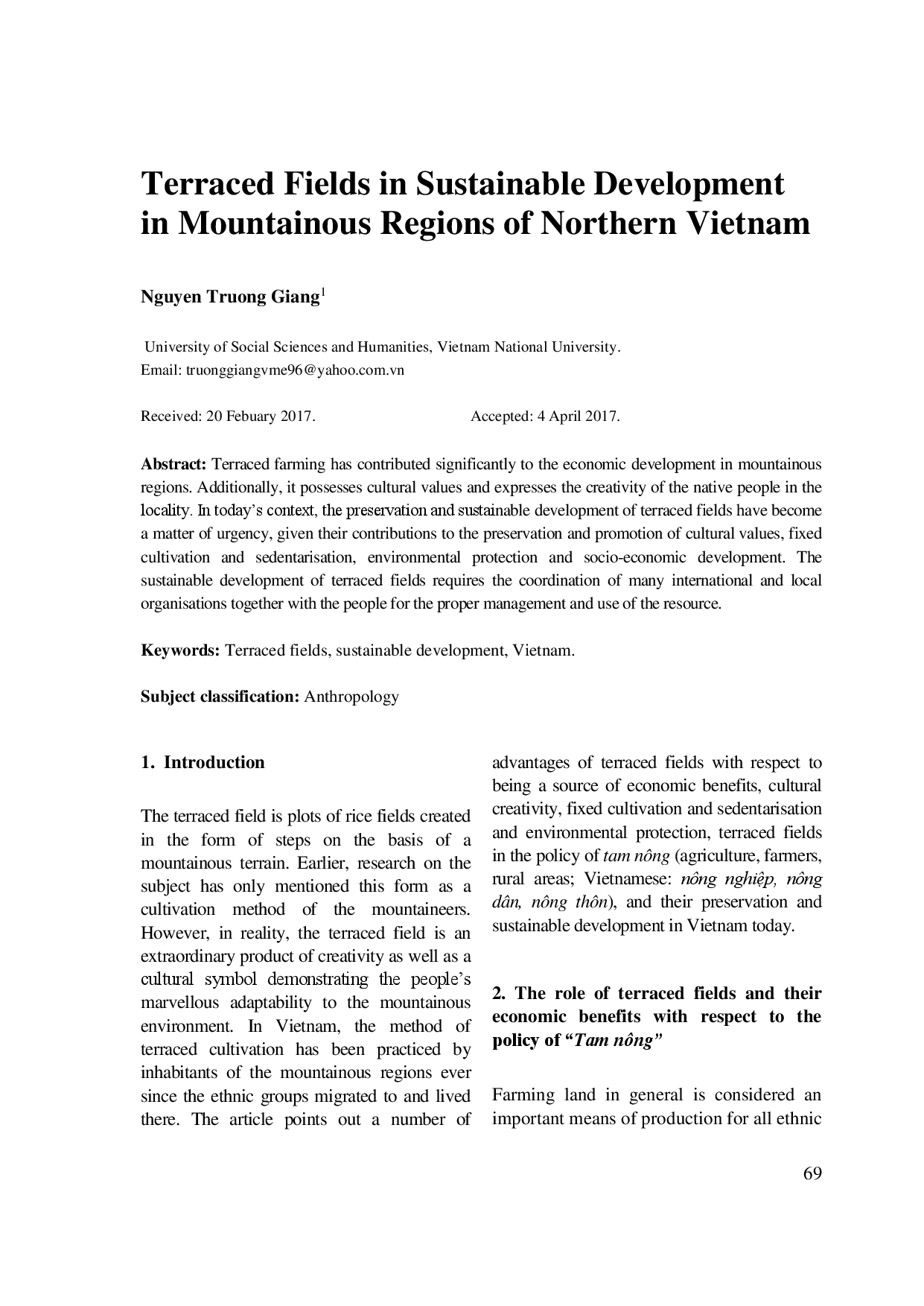 Terraced Fields in Sustainable Development in Mountainous Regions of Northern Vietnam