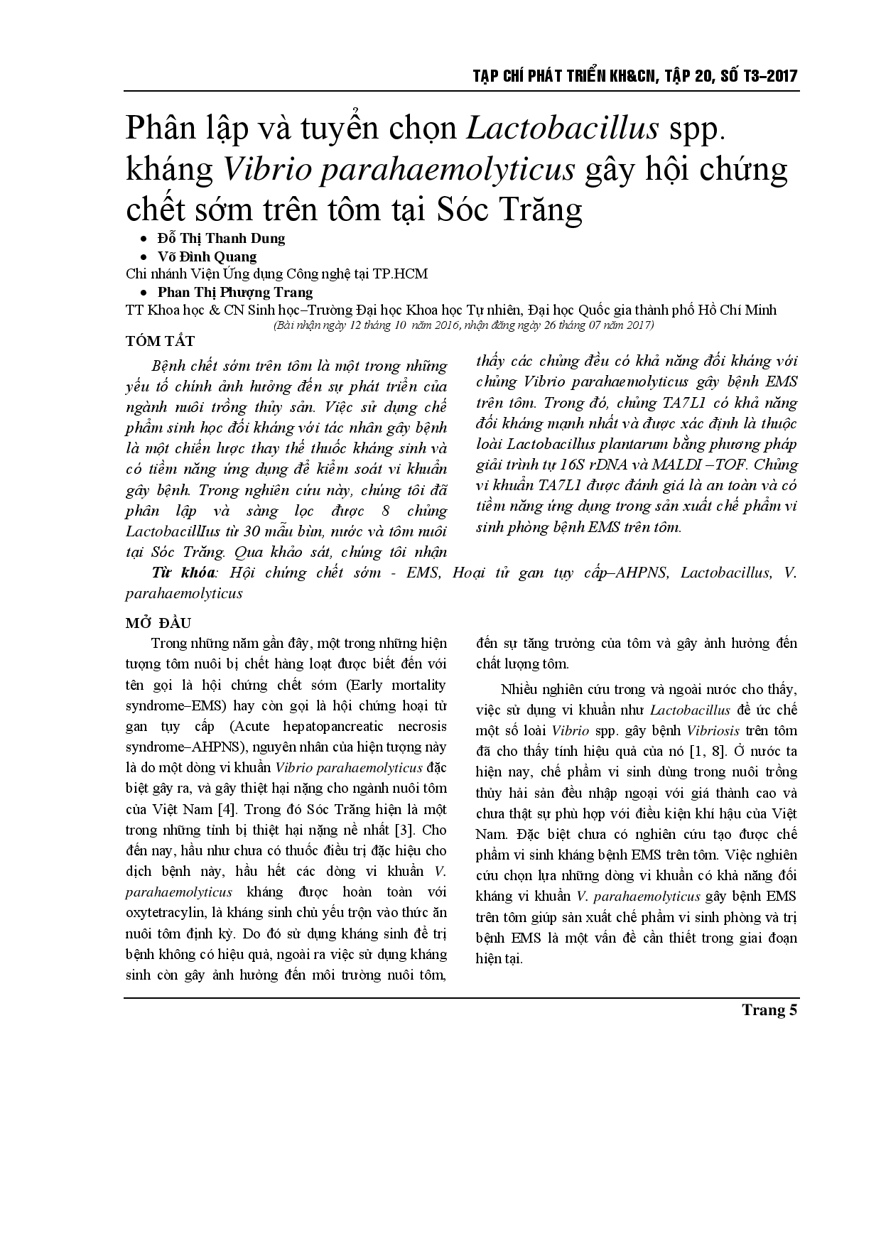 Isolation and selection of Lactobacillus spp. antagonistic to Vibrio parahaemolyticus causing the (Early Mortality Syndrome) shrimp disease in Soc Trang province