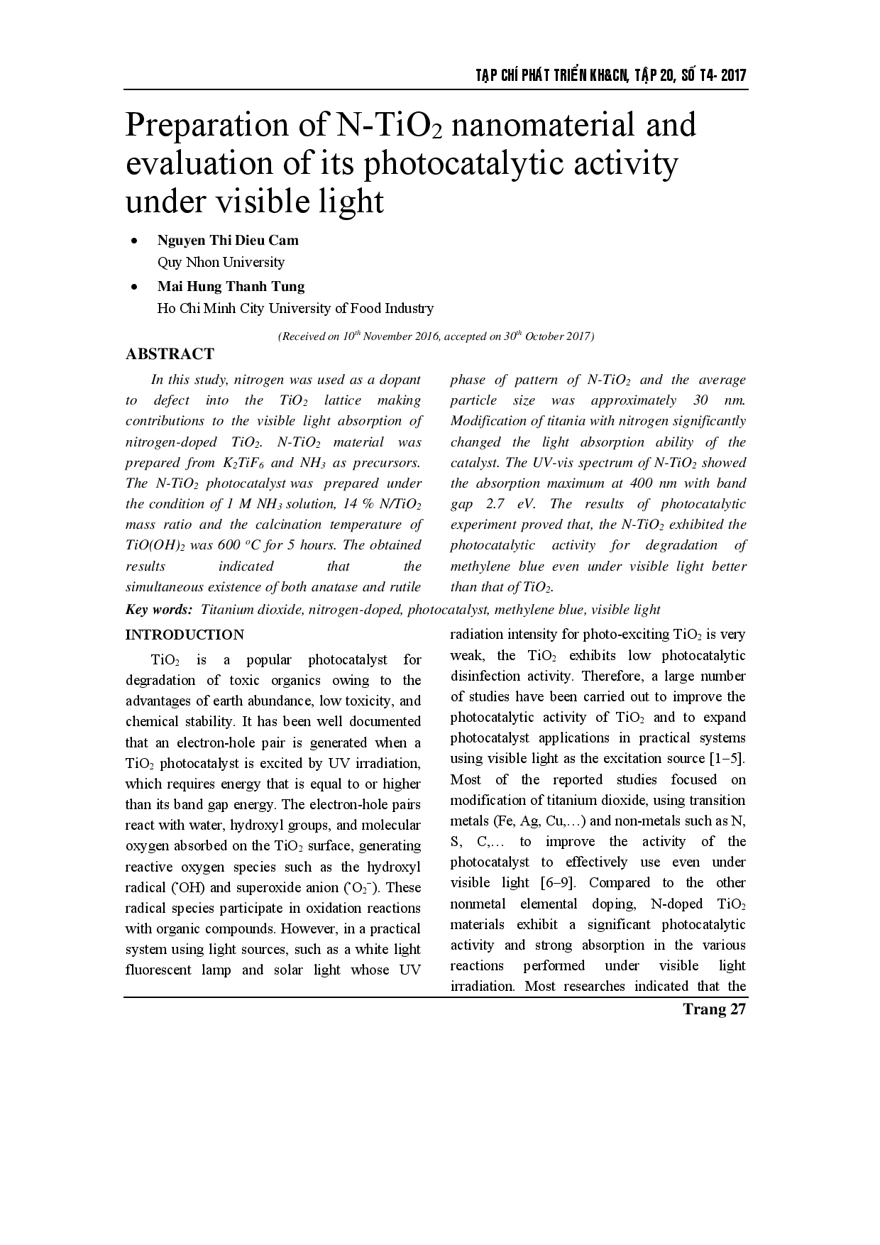 Preparation of N-TiO2 nanomaterial and evaluation of its photocatalytic activity under visible light