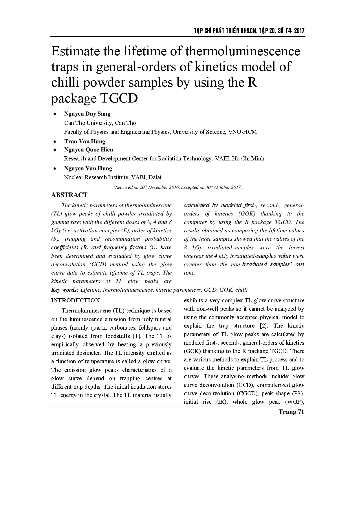 Estimate the lifetime of thermoluminescence traps in general-orders of kinetics model of chilli powder samples by using the R package TGCD