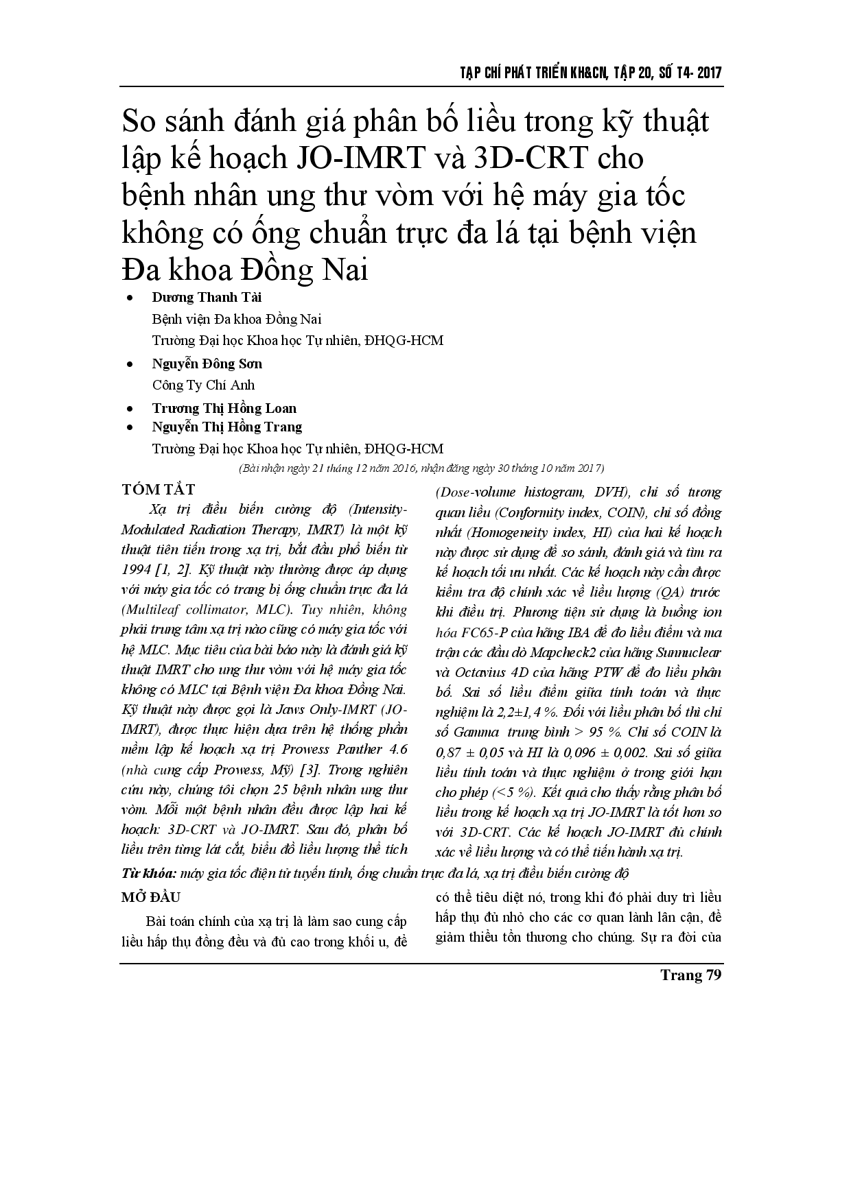 Evaluation and comparison of dose distributions for nasopharyngeal carcinoma patients treated by Jaws-Only IMRT technique and by 3D-CRT technique at Dong Nai General Hospital