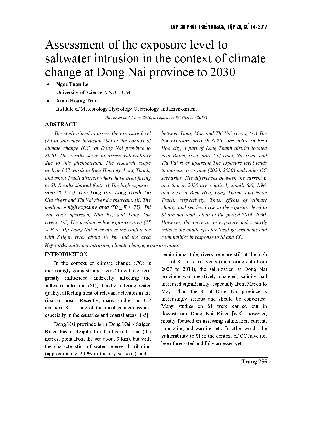 Assessment of the exposure level to saltwater intrusion in the context of climate change at Dong Nai province to 2030