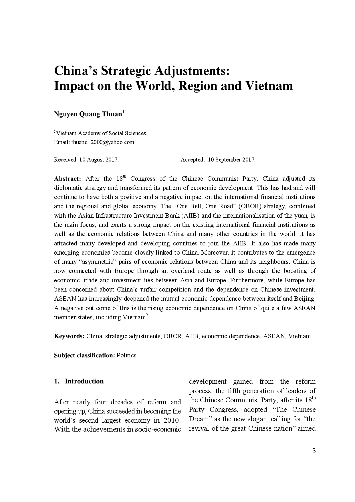 China’s Strategic Adjustments: Impact on the World, Region and Vietnam